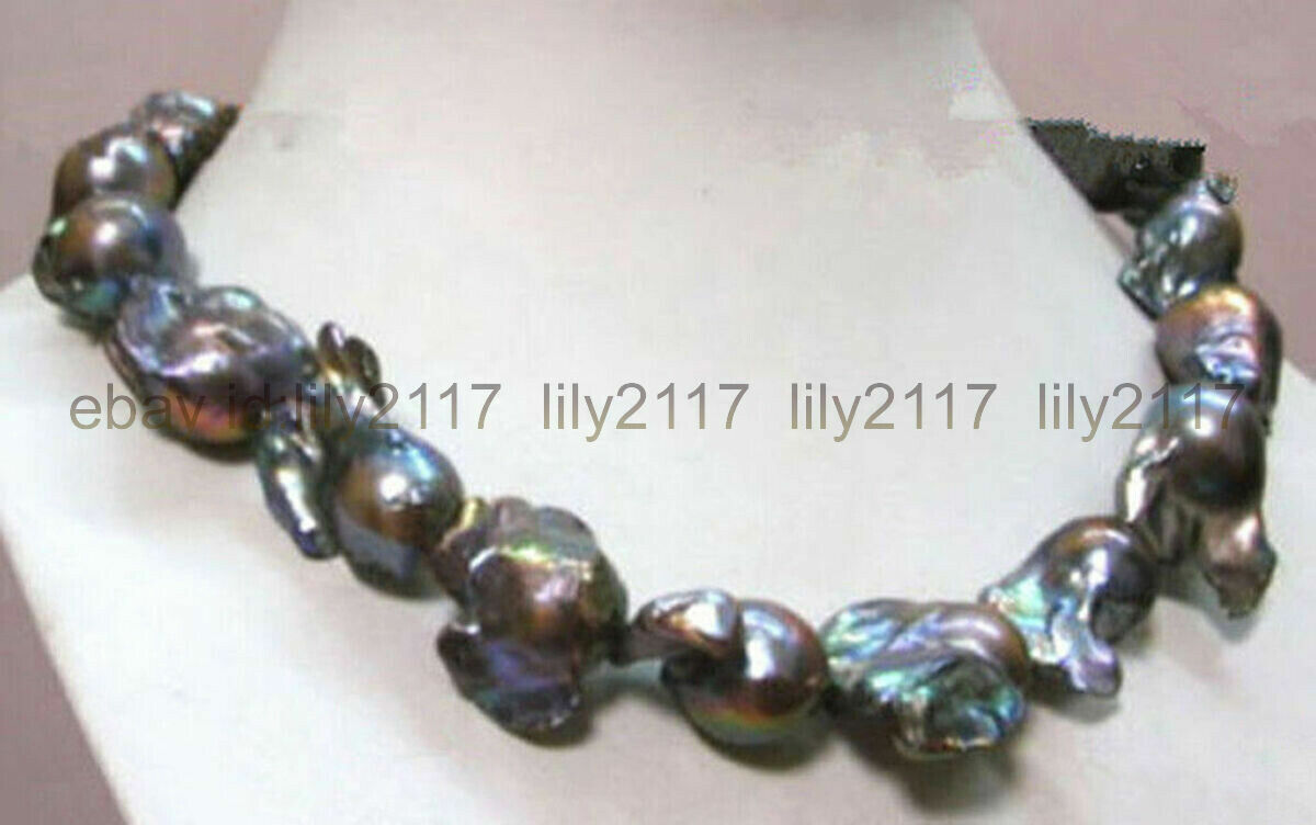 AAA CLASSIC REAL HUGE SOUTH SEA NATURAL BAROQUE BLACK PEARL NECKLACE 18″