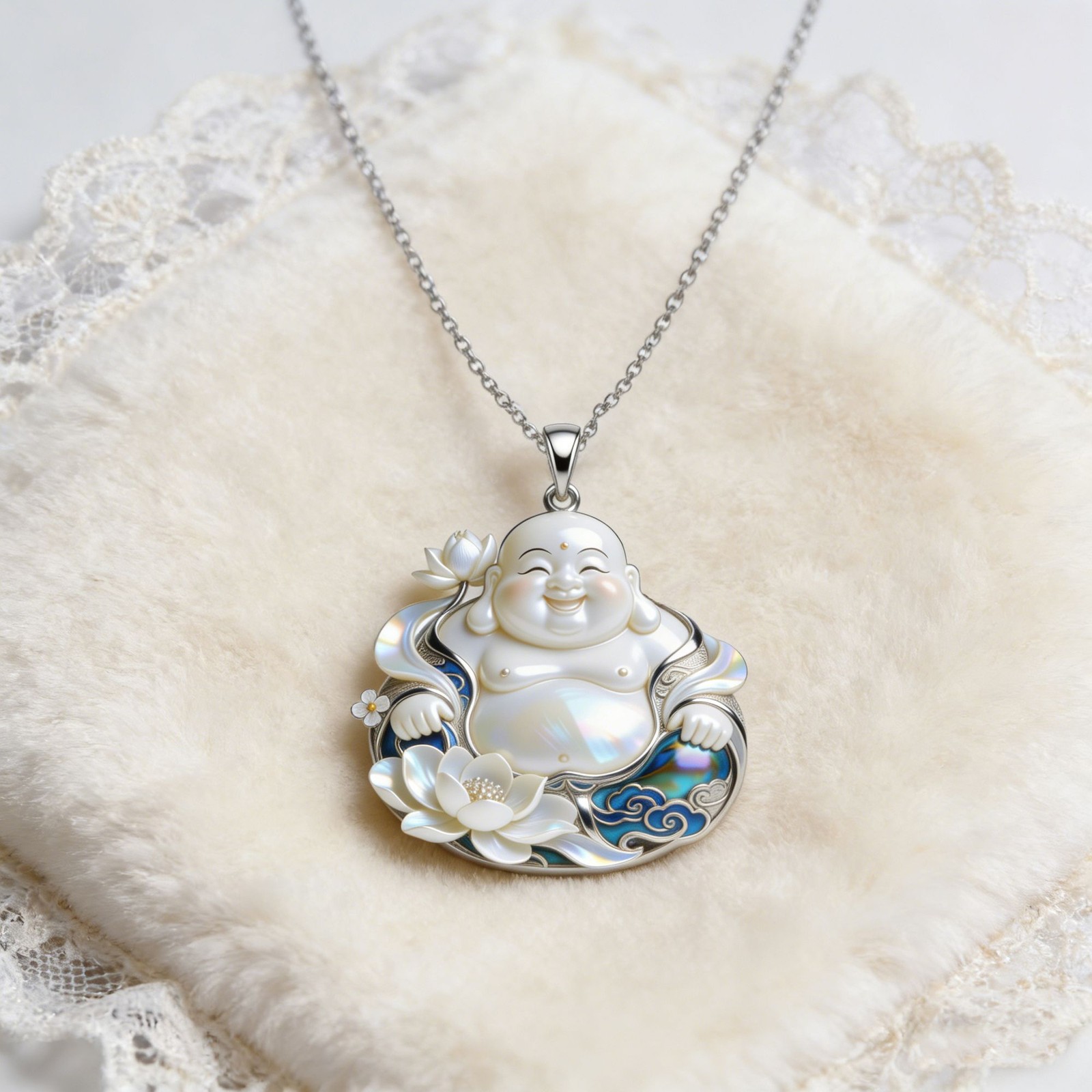 New Metal Maitreya Buddha Lotus Pendant Necklace Chinese Style Figure Gift