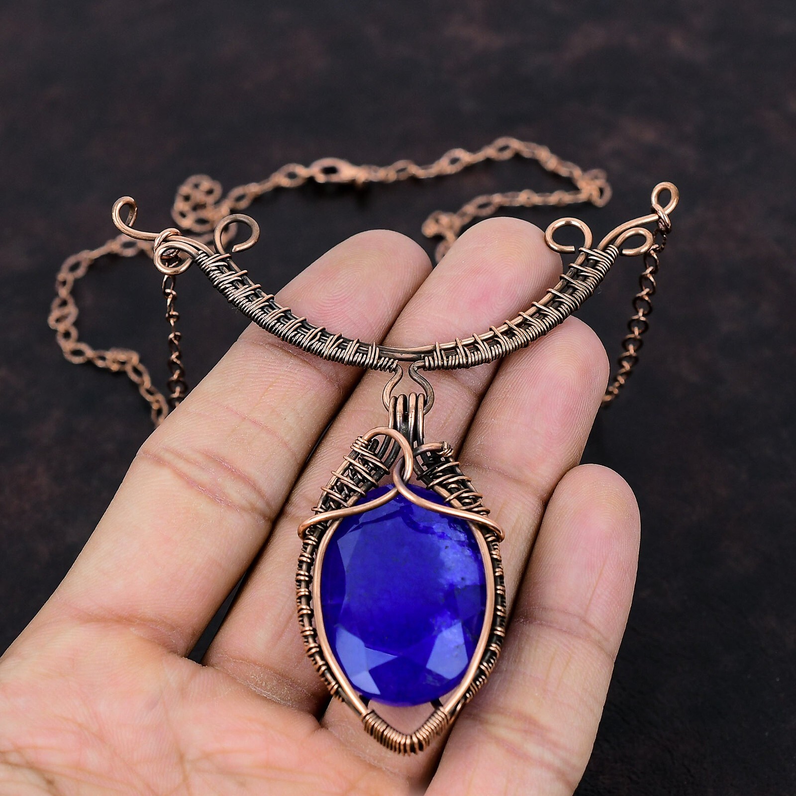 Blue Saphire Wire Wrapped Necklace Adjustable Handcrafted Copper Holiday 18.0″