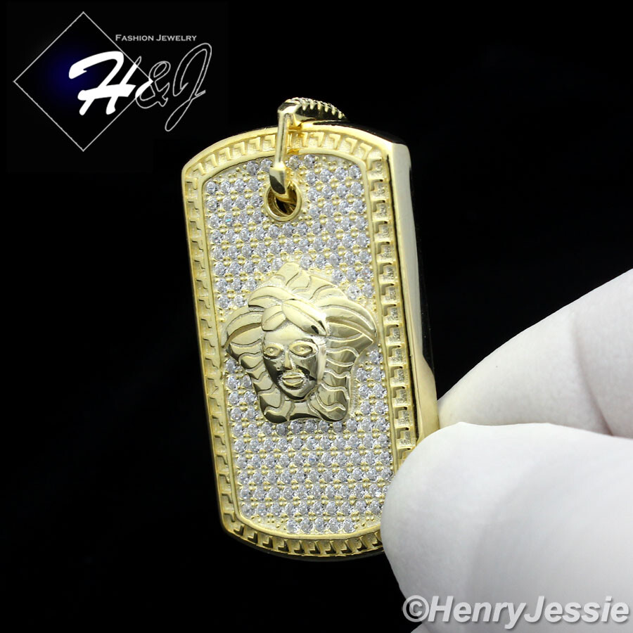 925 STERLING SILVER ICY BLING CUBIC ZIRCONIA GOLD PLATED 3D DOG TAG PENDANT*G113