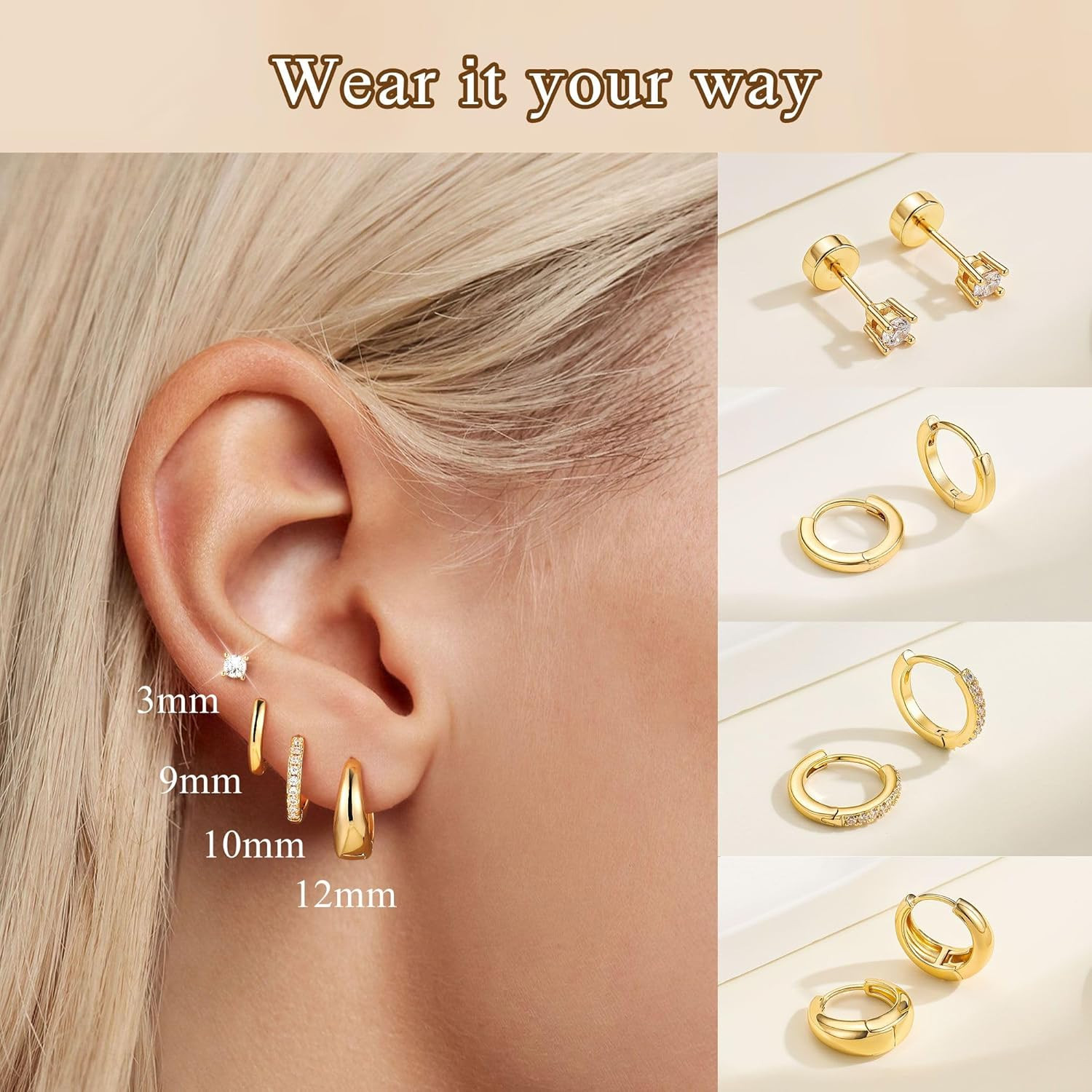 Gold Hoop Earrings Set for Women, Hypoallergenic Flat Back Stud Earrings for Sen