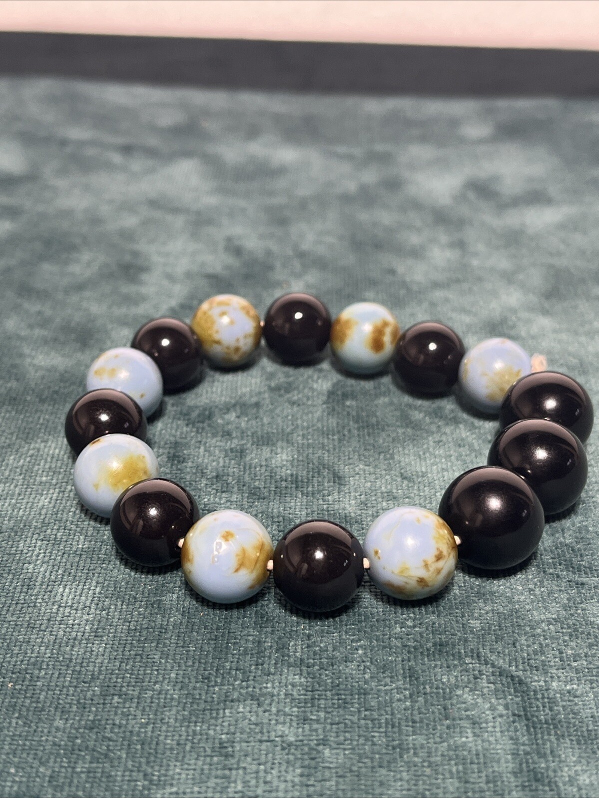 High Grade Natural Blue Turquoise, Black Stretch Bracelet Round Beads