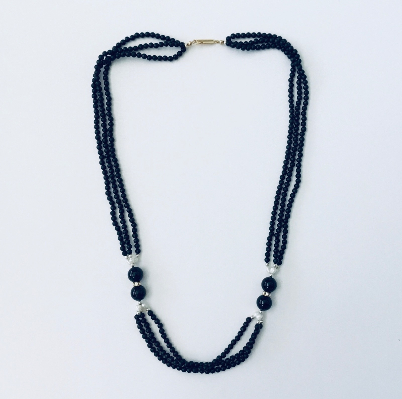 Special Black Onyx W/ Freshwater Pearl 3 strand 27 in Long Necklace NEW