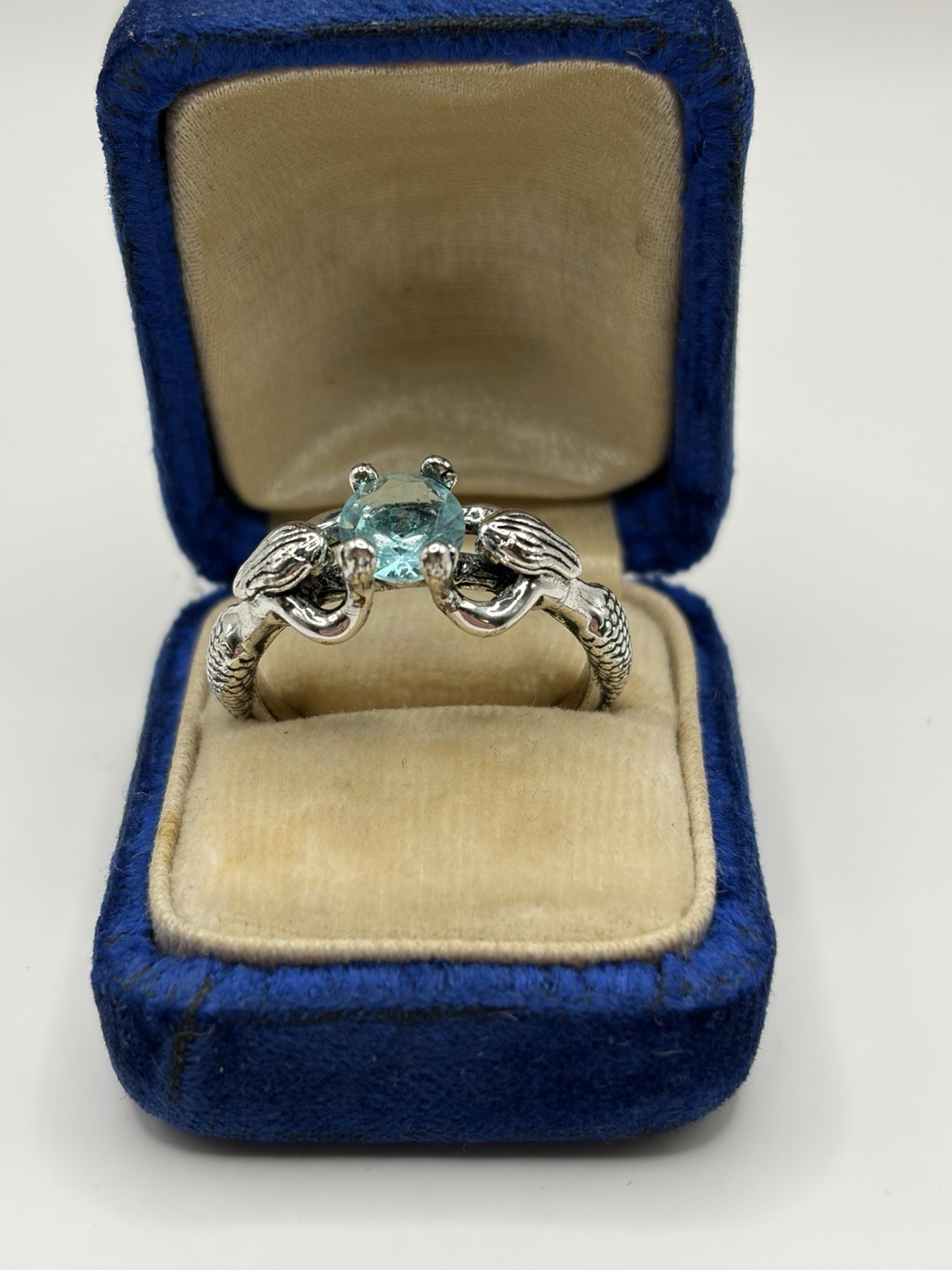 Mermaid Silver Tone Ring Light Blue Glass Gemstone Fantasy Size 10