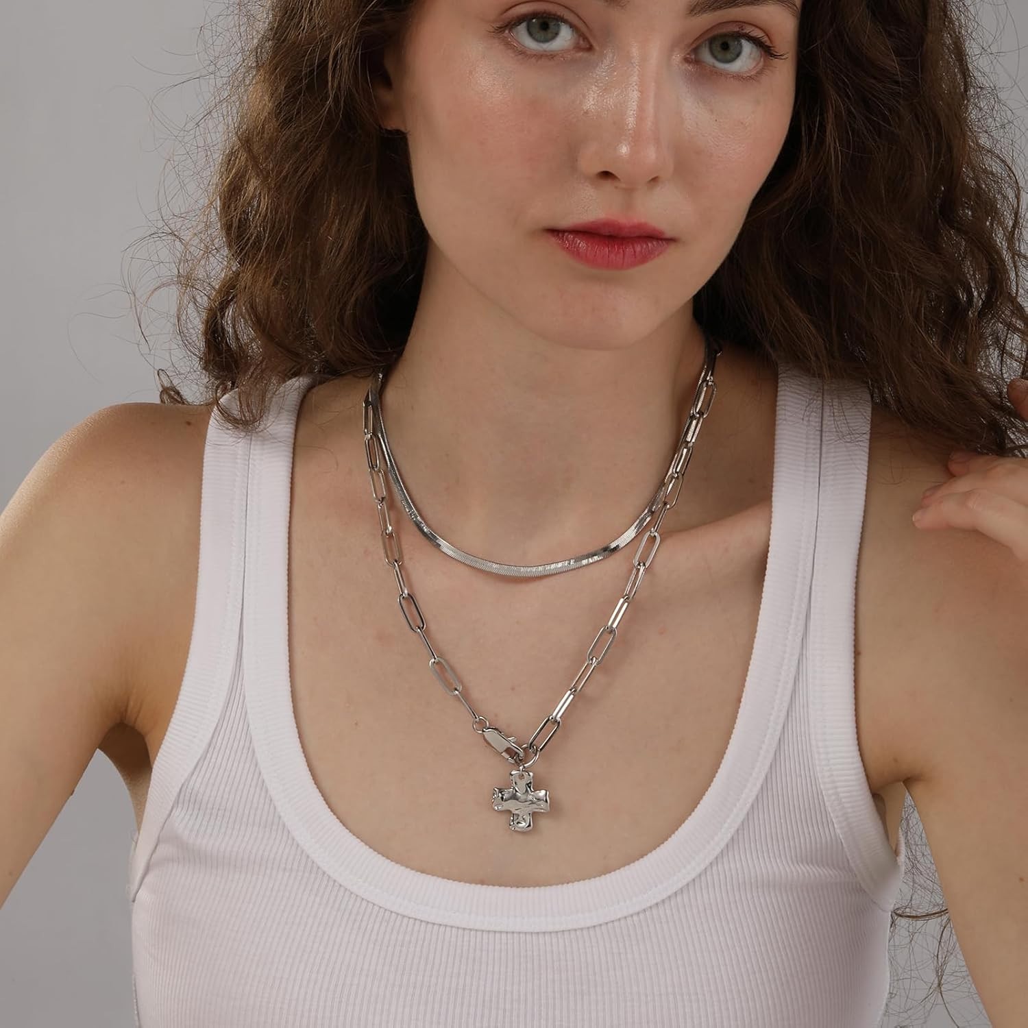 Statement Silver Chunky Hammered Cross Pendant Necklace Trendy Paperclip Chain