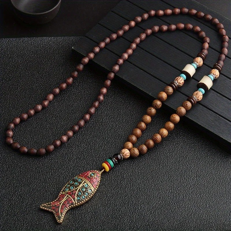 Vintage Nepal Buddhist Mala Necklace Wood Beads Fish Horn Pendant Ethnic Jewelry