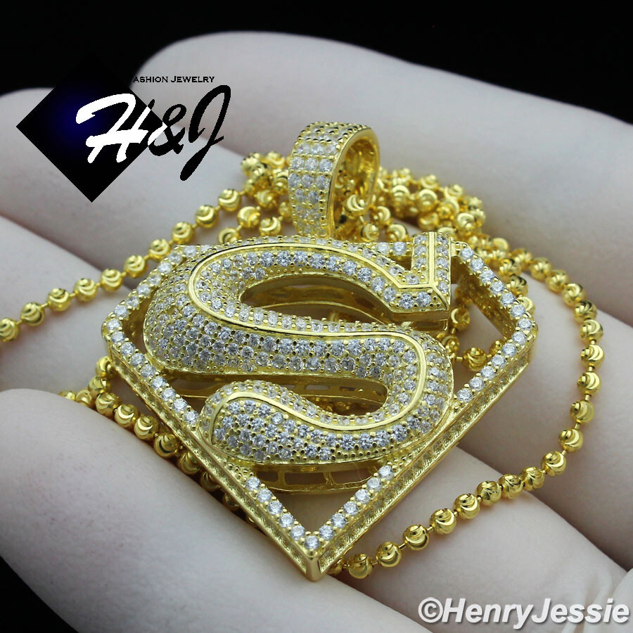 925 STERLING SILVER 18″-30″X2MM GOLD PLATED BEAD CHAIN CZ SUPERMAN PENDANT*GP263