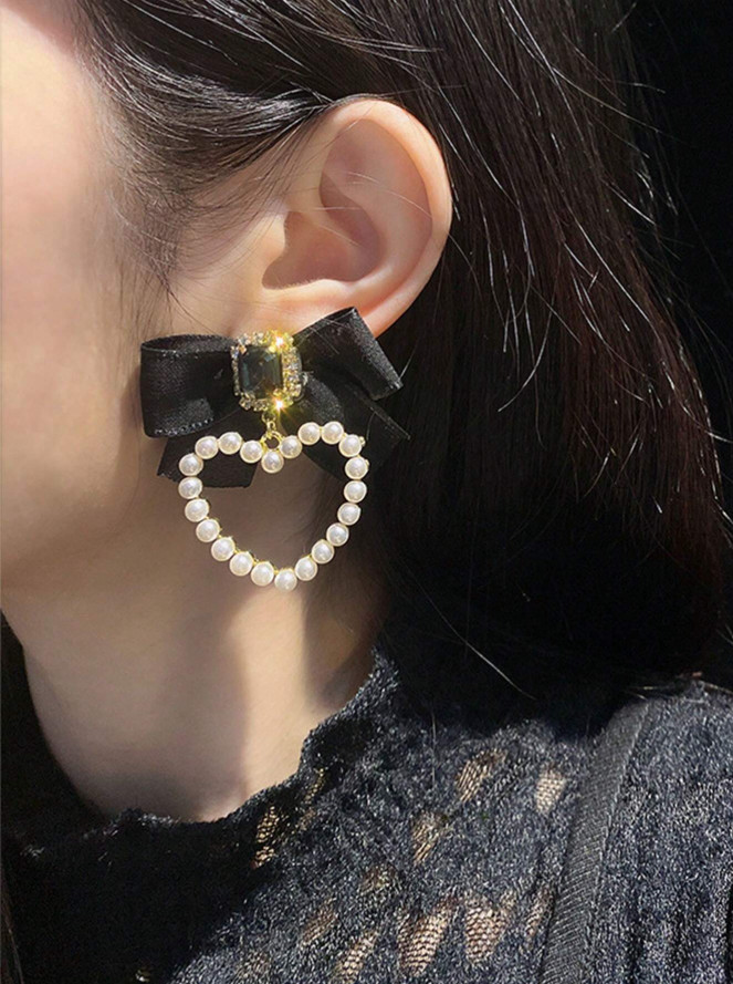 Pearl Heart Bow Earrings for Women Sweet Cute Mesh Stud Fashion Jewelry