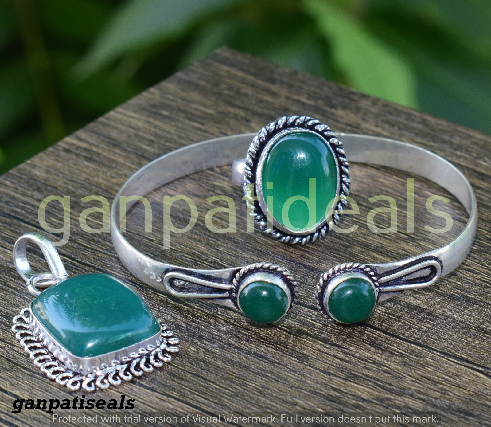 BULK SALE ! Green Onyx Gemstone Mix Shape 3pcs Combo 925 Silver Plated Jewelry