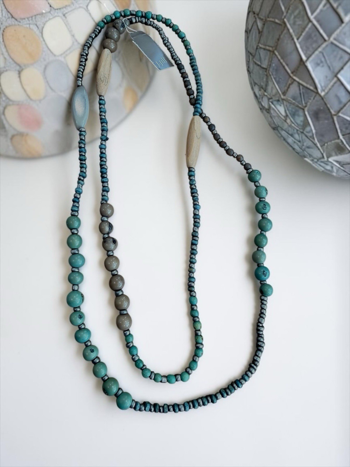 J. Jill Turquoise Tone Wood And Silver Tone Bead Necklace New With Tags 48” Long