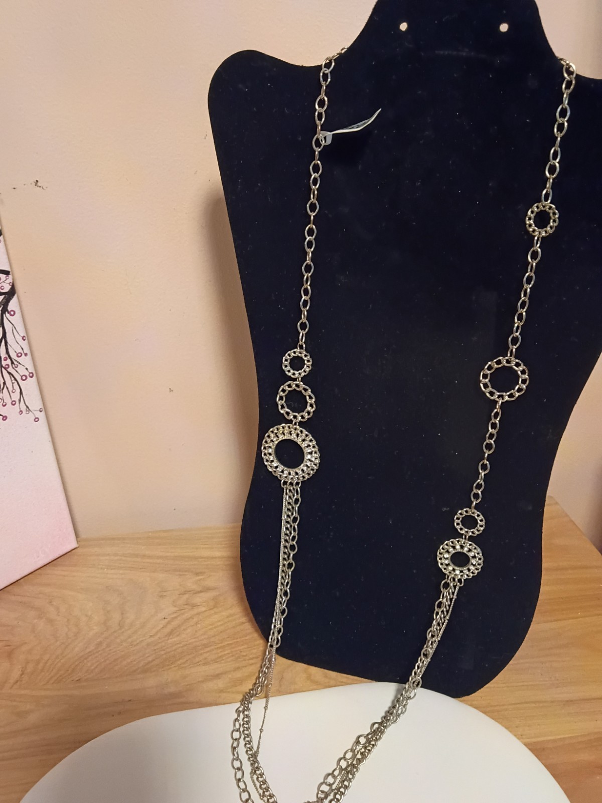Silver Tone Statement Chain Necklace with Round Charm on Oval Link Chain