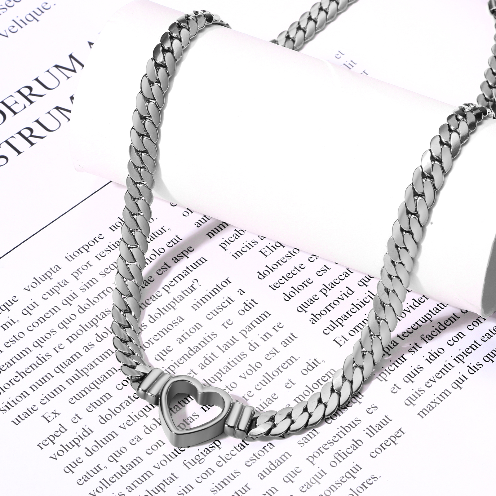 Women’s Girls Chunky Flat Cuban Link Chain Necklace Stainless Steel Heart Choker