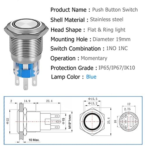 Momentary Push Button Switch 1NO1NC Waterproof Silver Stainless Steel Shell Red