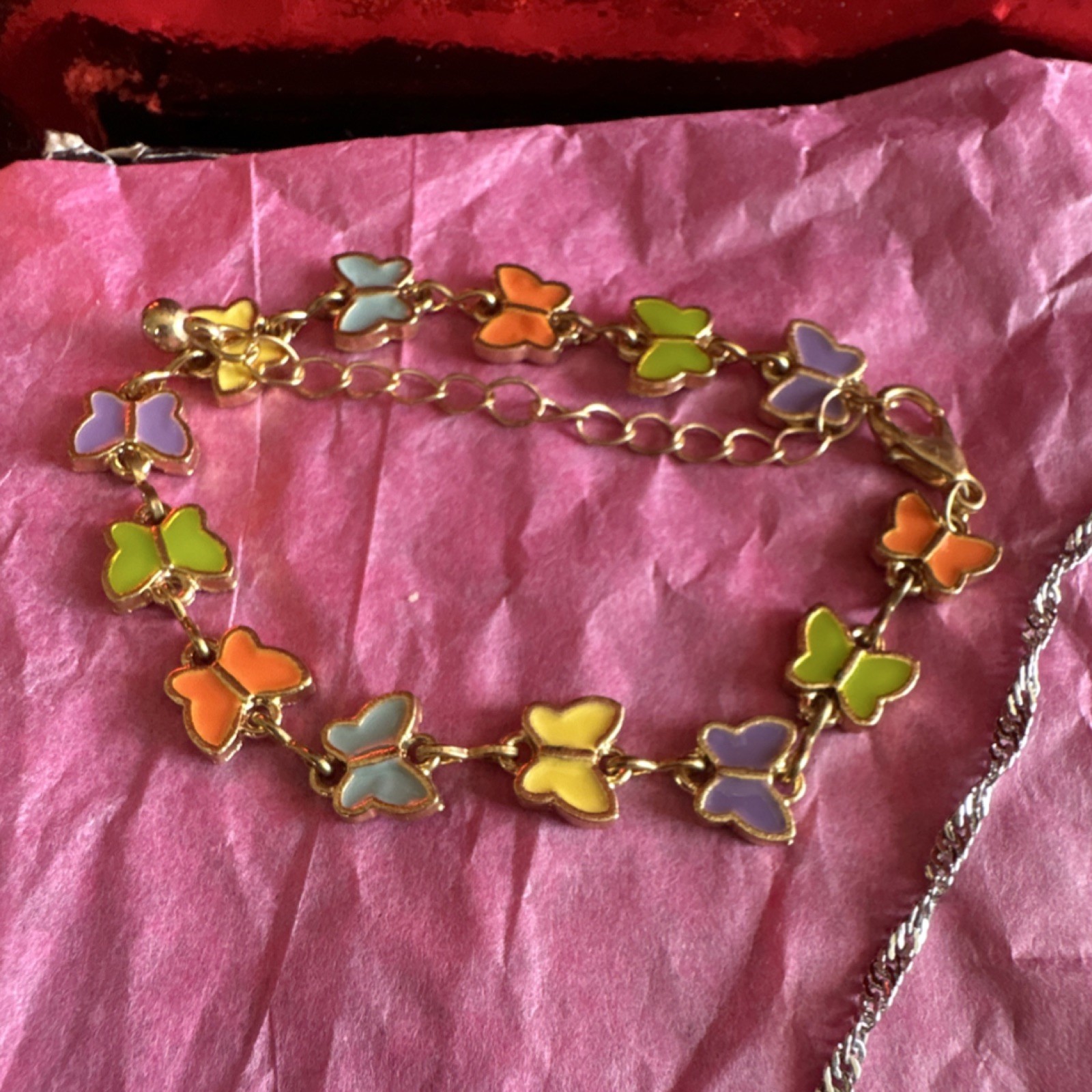 Multicolor Butterfly Enamel Bracelet & Silver Horseshoe Necklace Set Metal