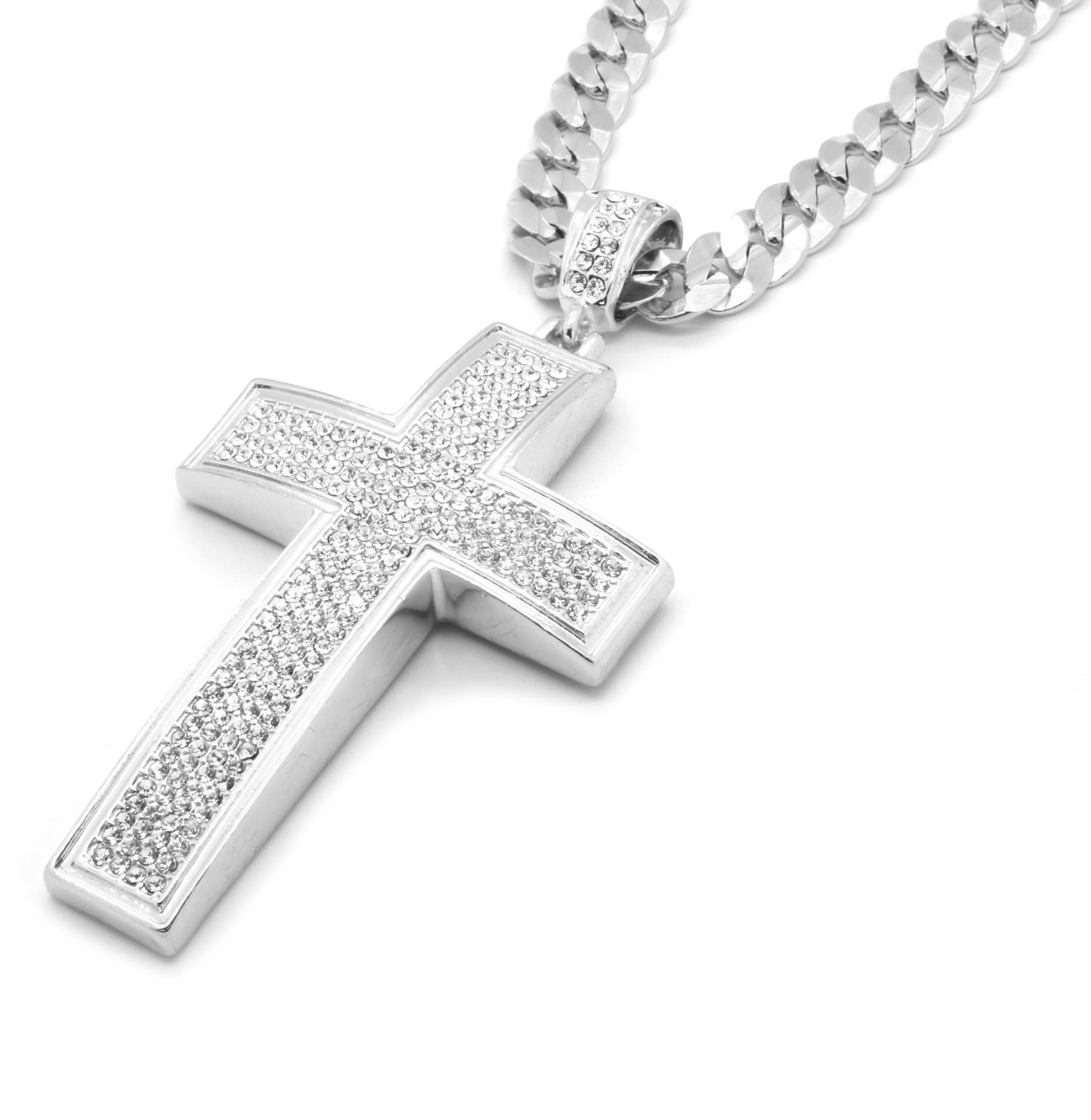Mens Silver Plated Cross Pendant Cubic-Zirconia 24″ Cuban Necklace Chain K2
