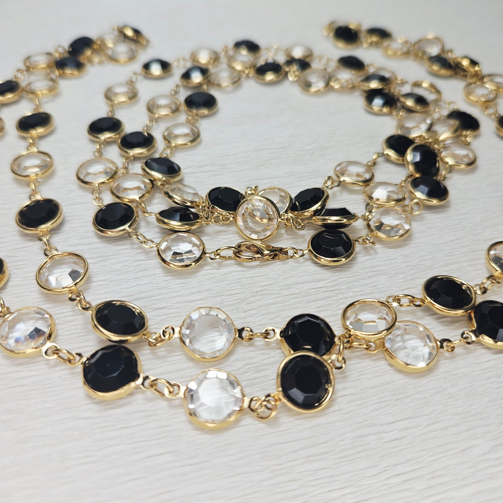 2 Bezel Set Open Back Crystal Necklaces Black Clear Gold 36″ Each 11mm Crystals