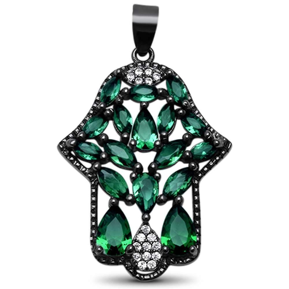 Black Plated Elegant! Emerald Hand of Hamsa .925 Sterling Silver Pendant 1.3″