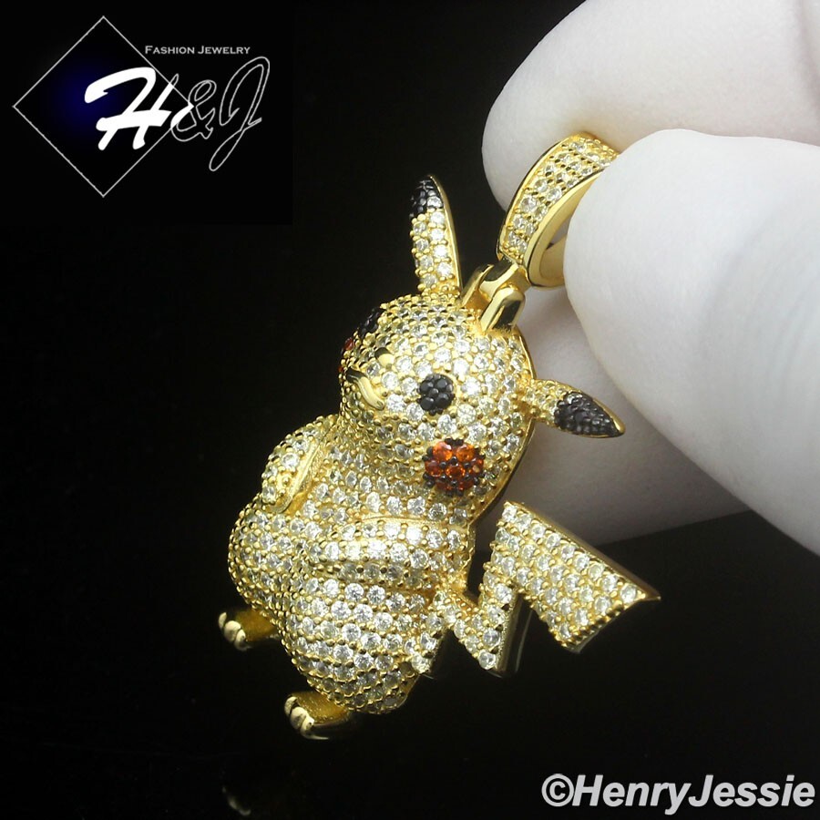925 STERLING SILVER ICY CZ 3D HIPHOP GOLD PLATED PICKACHU POKEMON PENDANT*GP510