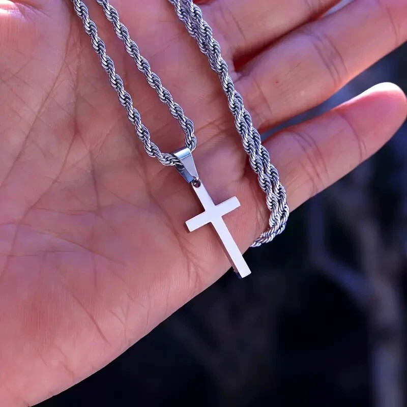 Men’s Stainless Steel Cross Pendant Necklace Silver Chain Hip Hop Jewelry Gift
