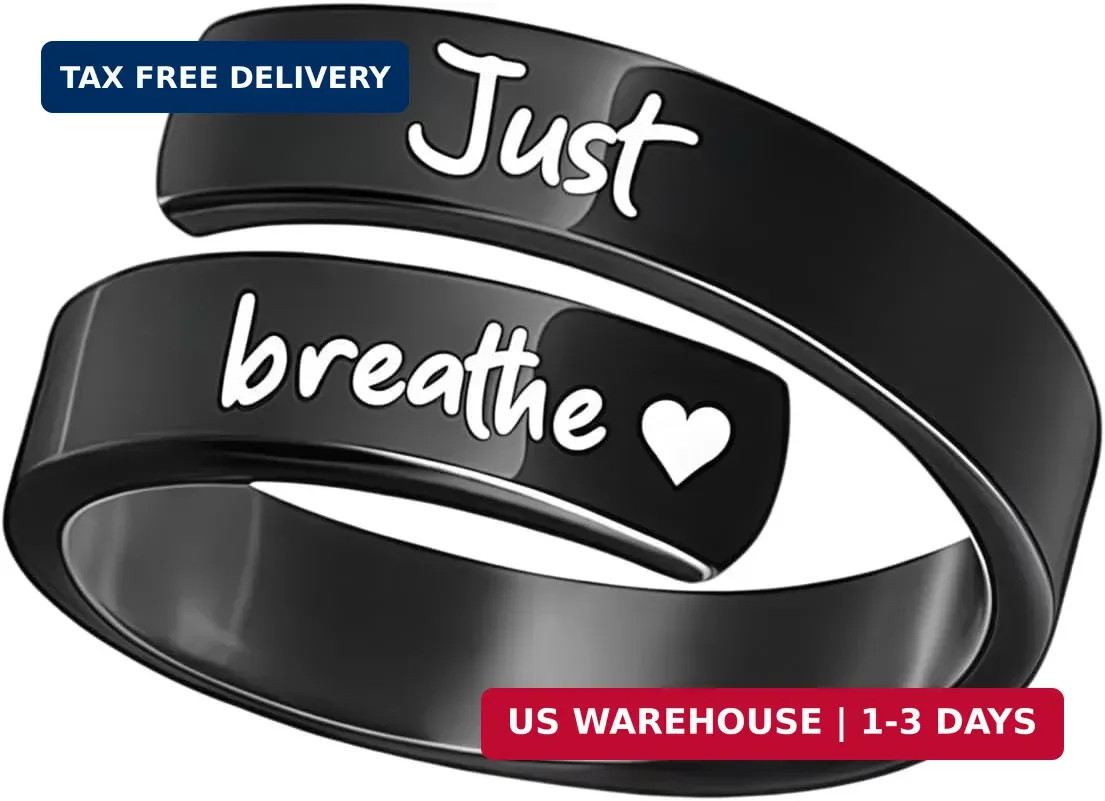 Just Breathe Ring for Women Men Adjustable Heart Hope Rings Black Inspirational