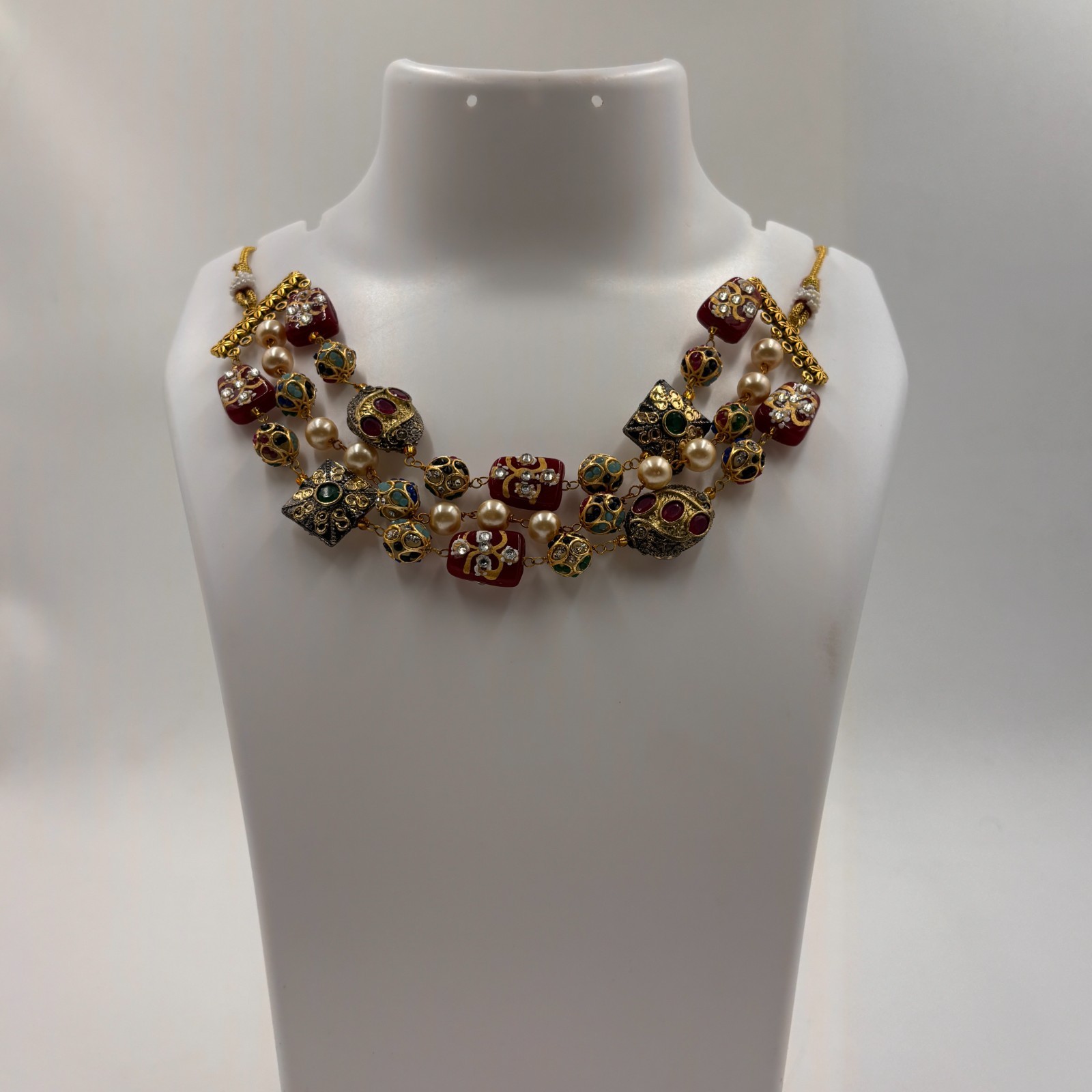 Gold Tone Multicolor Beaded Necklace Set Indian Ethnic Kundan Style Jewelry