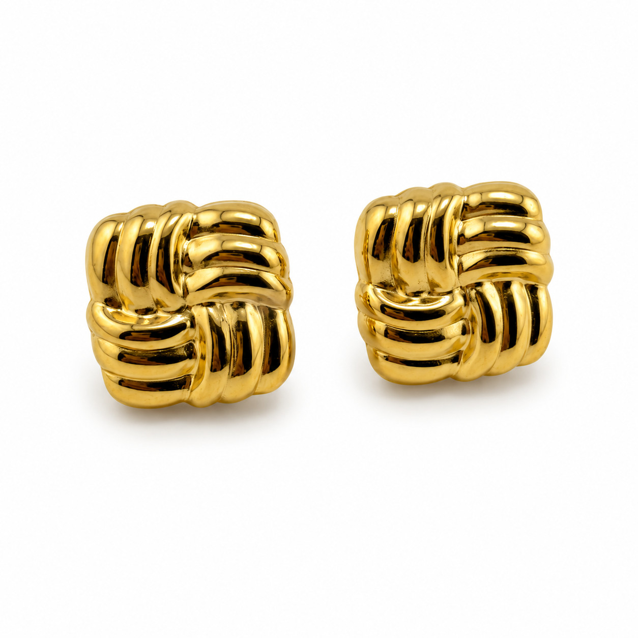 18K Gold Woven Square Stud Earrings Basket Weave Chunky Gift for Her