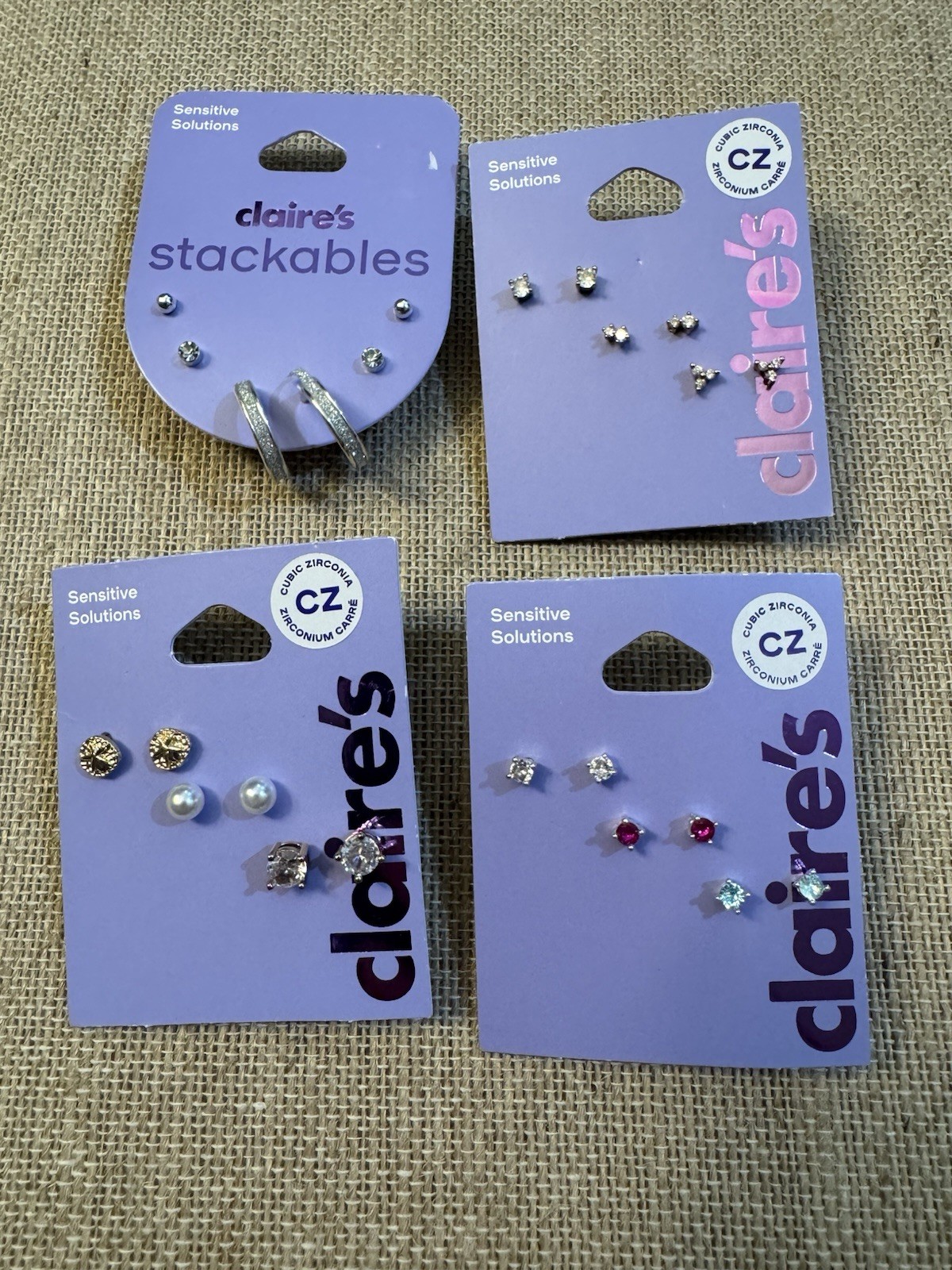 CLAIRES Sensitive Solutions Pierced Earring Cards Lot of 4 cards 12 pairs NWT #7