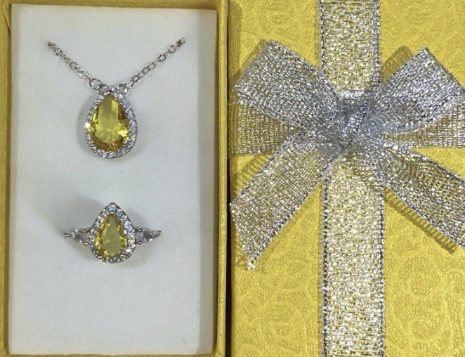 Sparkling Natural Yellow Citrine CZ Halo Teardrop Necklace & Ring Size 10 Set