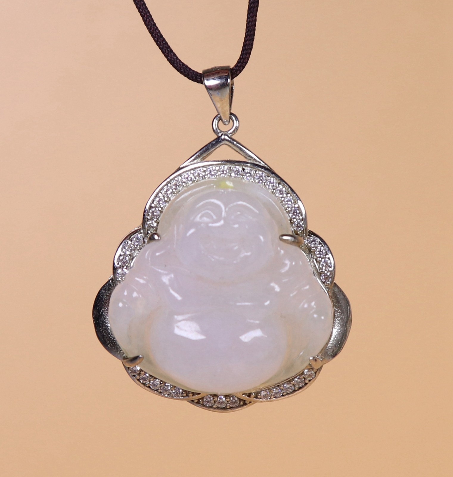 Certified 925 Silver Inlay Green Natural A jadeite Maitreya Buddha Pendant 32531