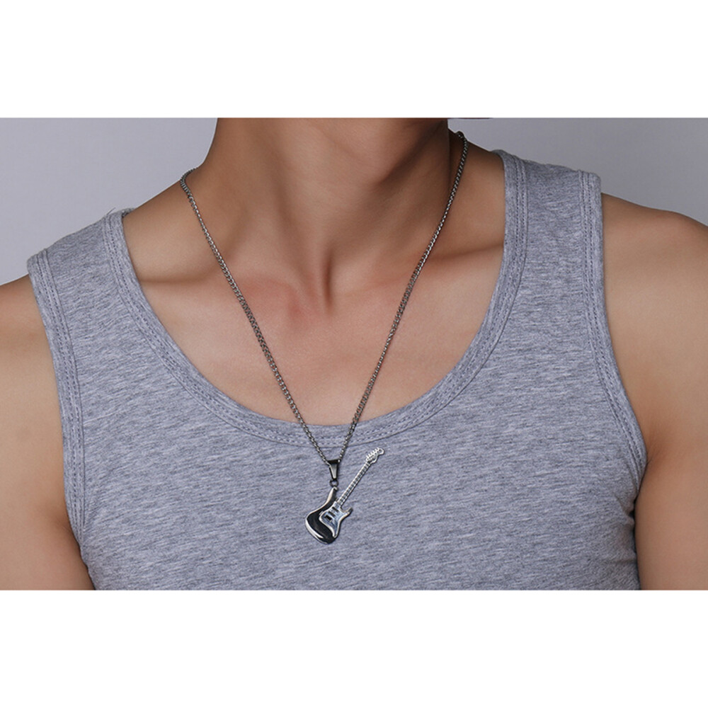 1PC Mens Guitar Music Pendant Stainless Steel Necklace Pendant with Chain