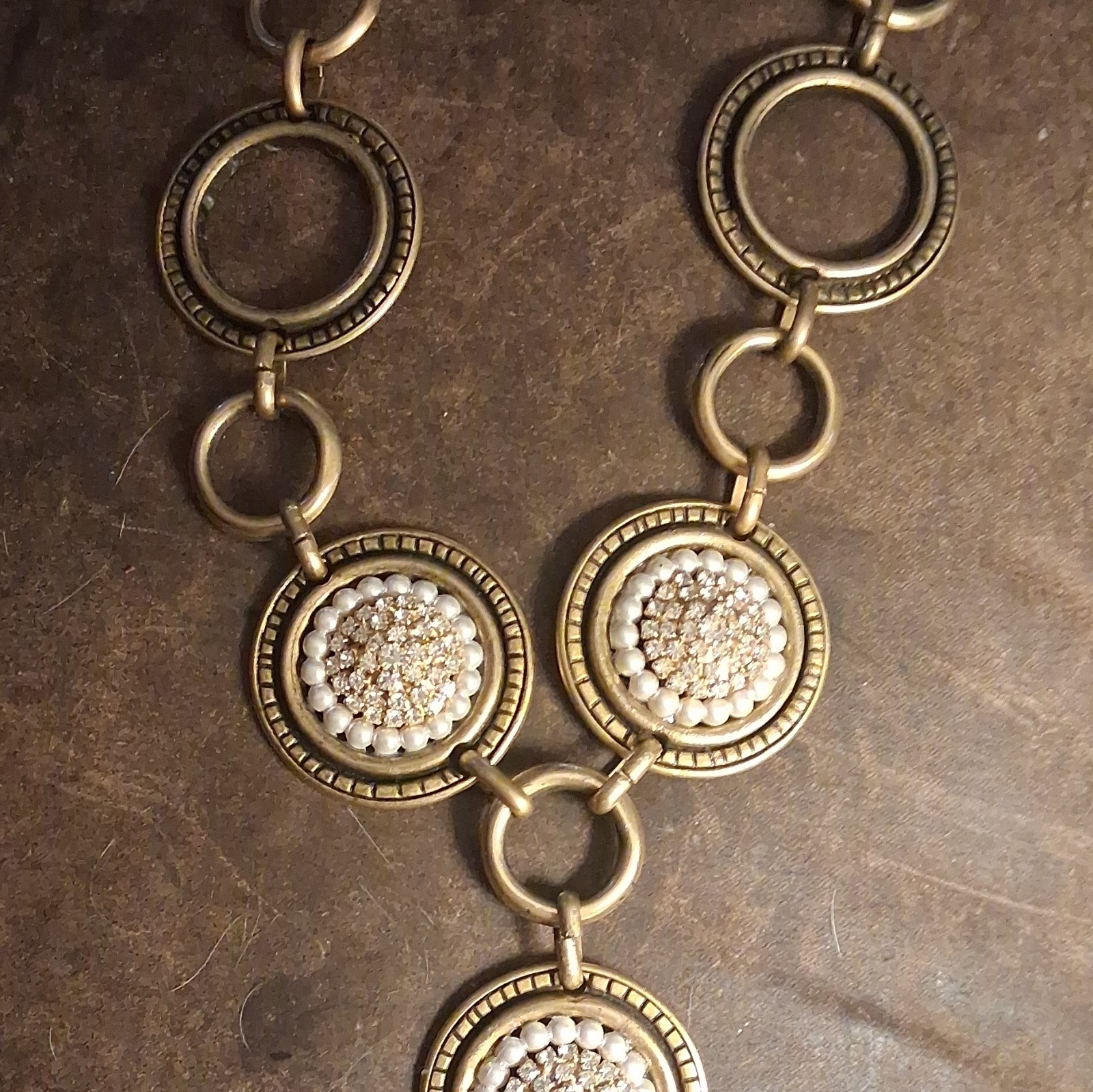 Gold Tone Link Chain Statement Necklace Round Medallions Clear Rhinestone Pearl