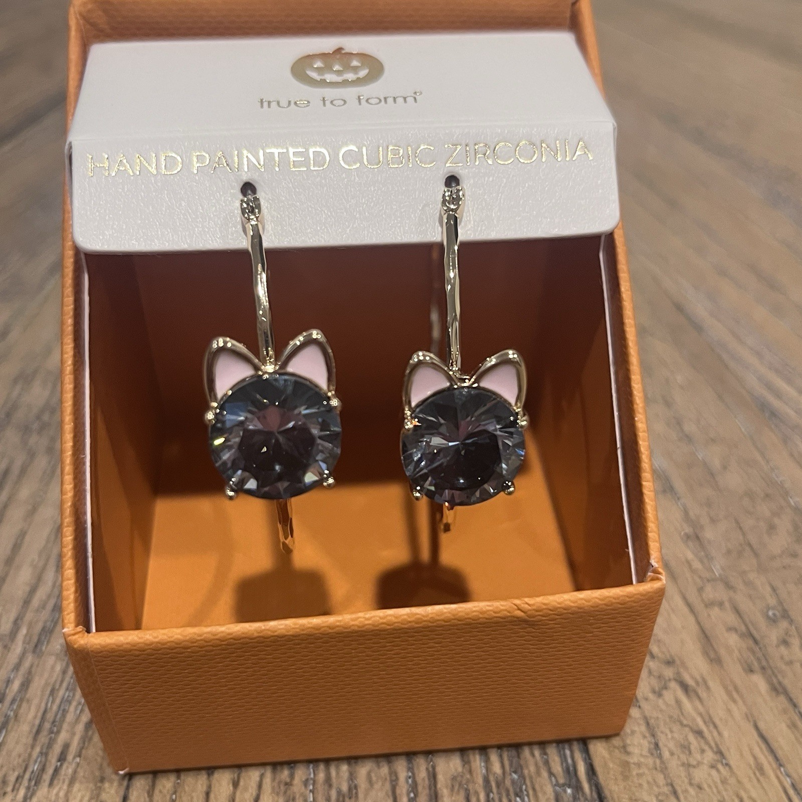 Pink Blue CZ Cat Hoop Earrings Gold Tone Metal Witchy Jewelry for Adults NIB