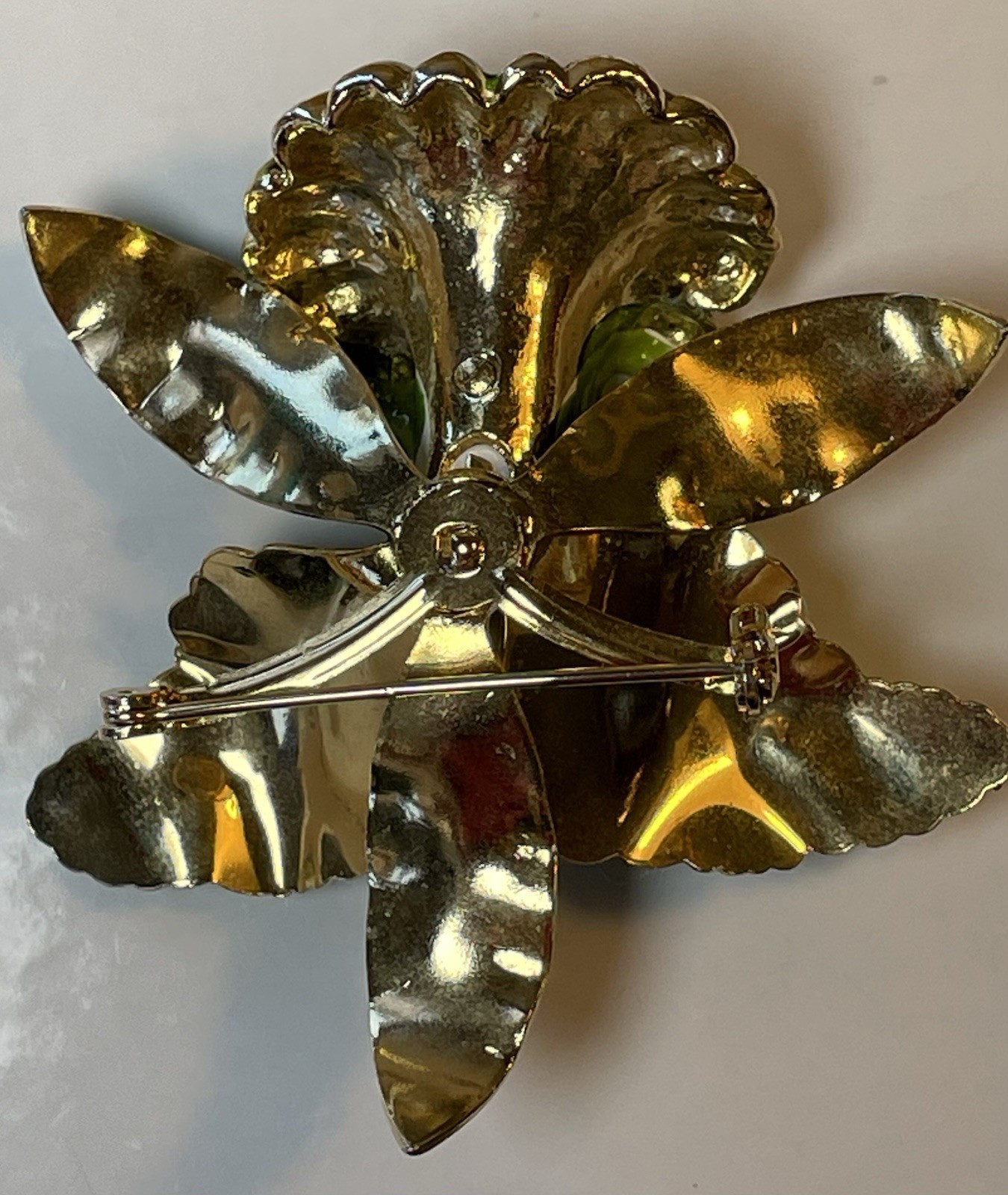Green Enamel Lily Flower Brooch Gold Rimmed and Gold Tone Metal Pin Closure