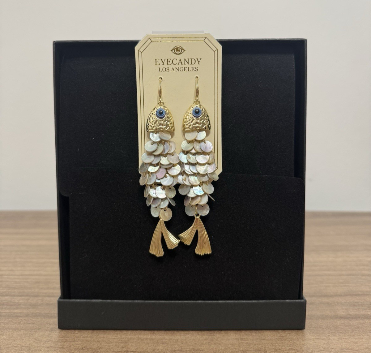 EYECANDY Los Angeles Gold Tone Dangle Fish Earrings with Shell Detail- Brand New