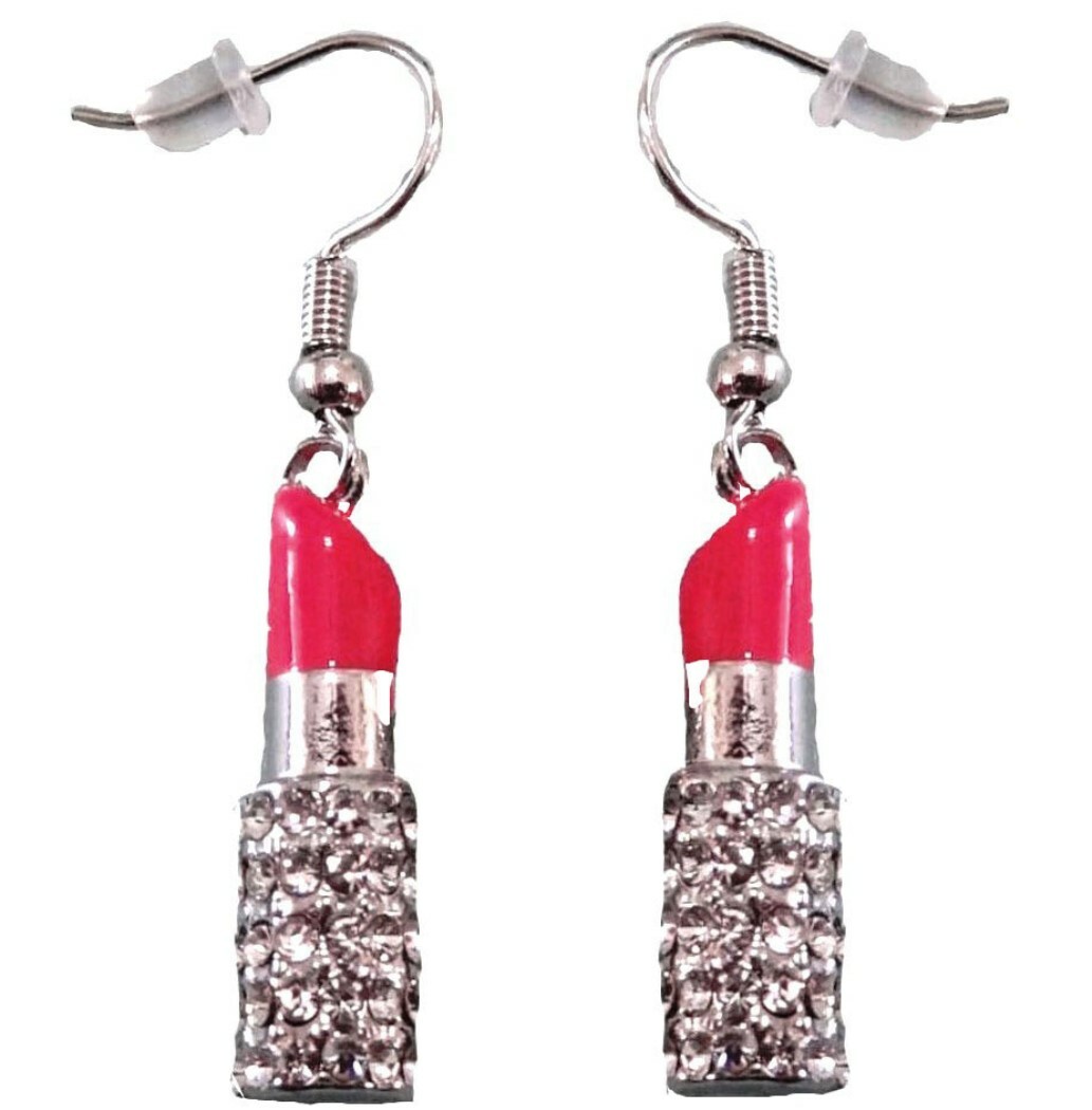 Hot Pink Lipstick Earrings Dangle Rhodium Plated Gift Boxed Fast Shipping