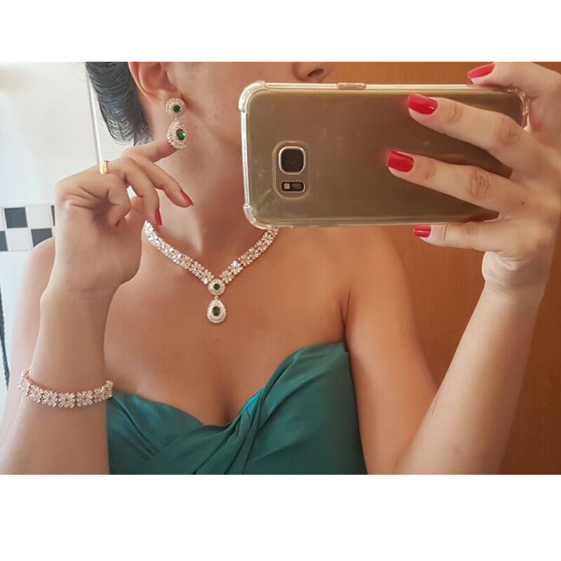 Luxury Bridal Green CZ Crystal Wedding Gold Plated Necklace Earrings Jewelry Set