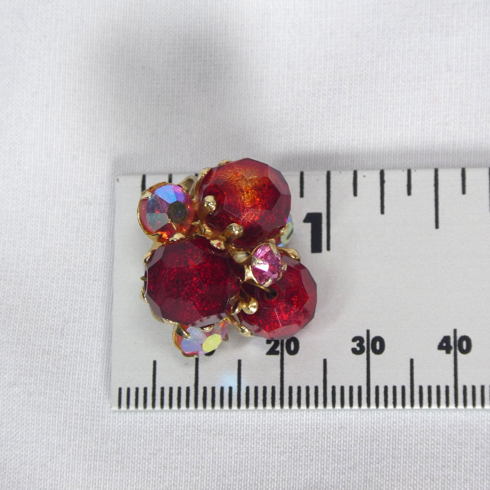 Vintage Vogue Red Aurora Borealis Crystal Cluster Clip On Earrings Mid Century
