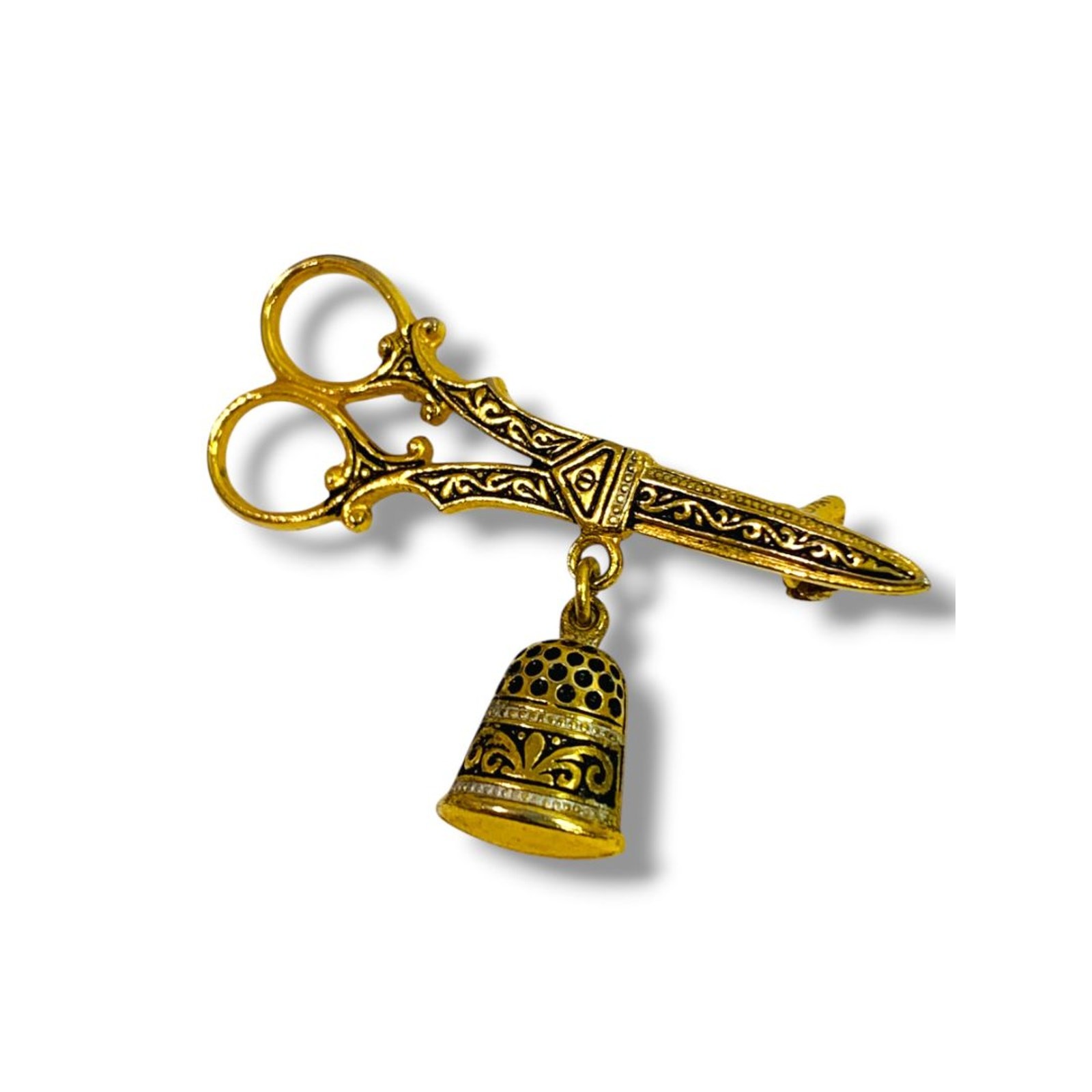 Thimble Pair of Scissors Damascene Spain Vintage Toledo Gold Brooch Pin Spain