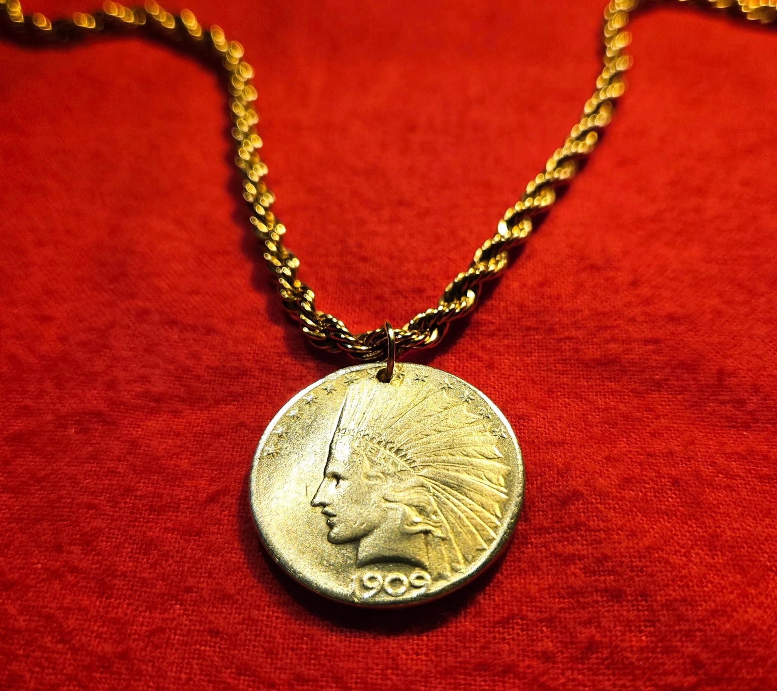 Indian Head $10 Eagle Plated Coin Pendant & Gold Filled Rope Necklace + Gift Box