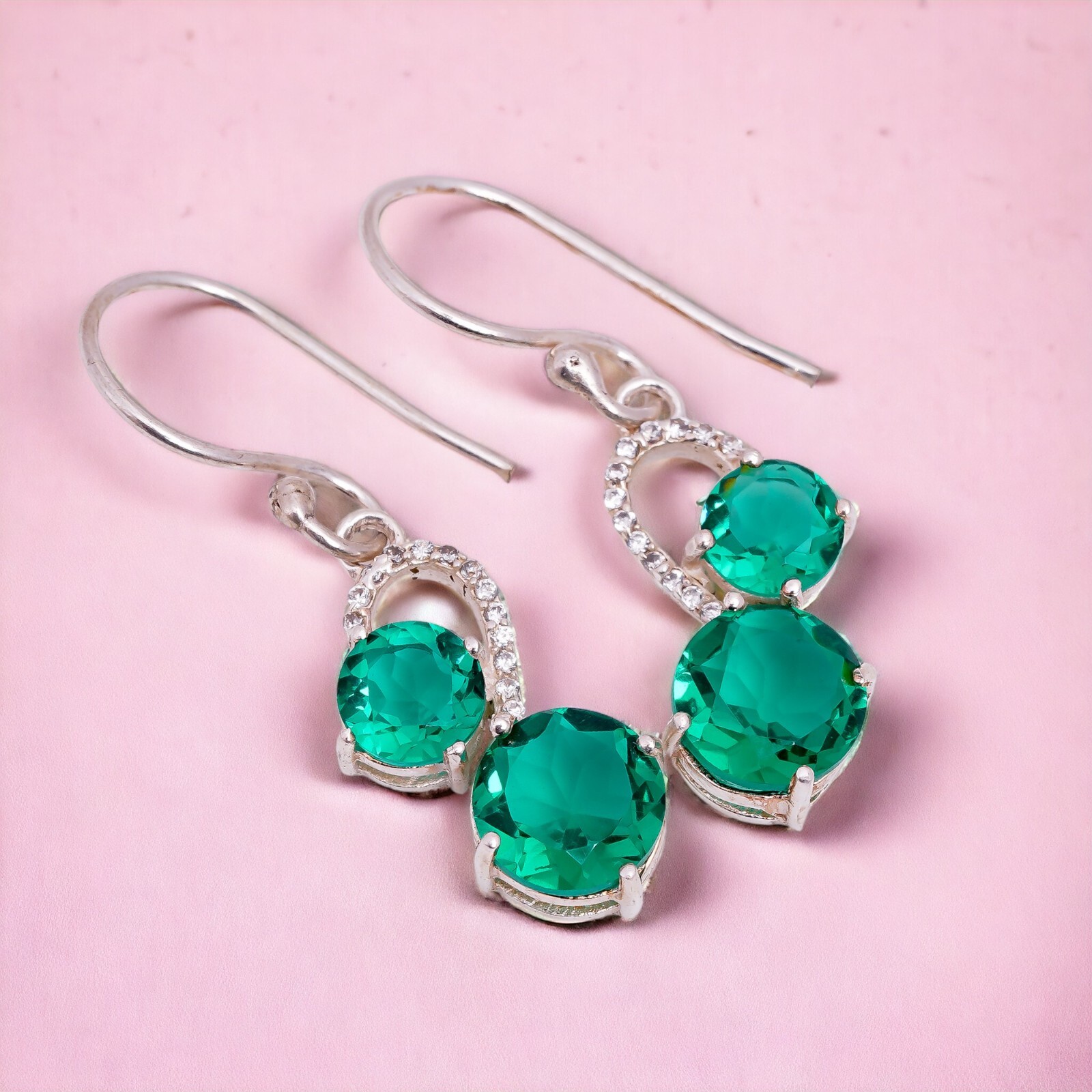 Green Emerald Gemstone 925 Silver Drop/Dangle Earrings For Women