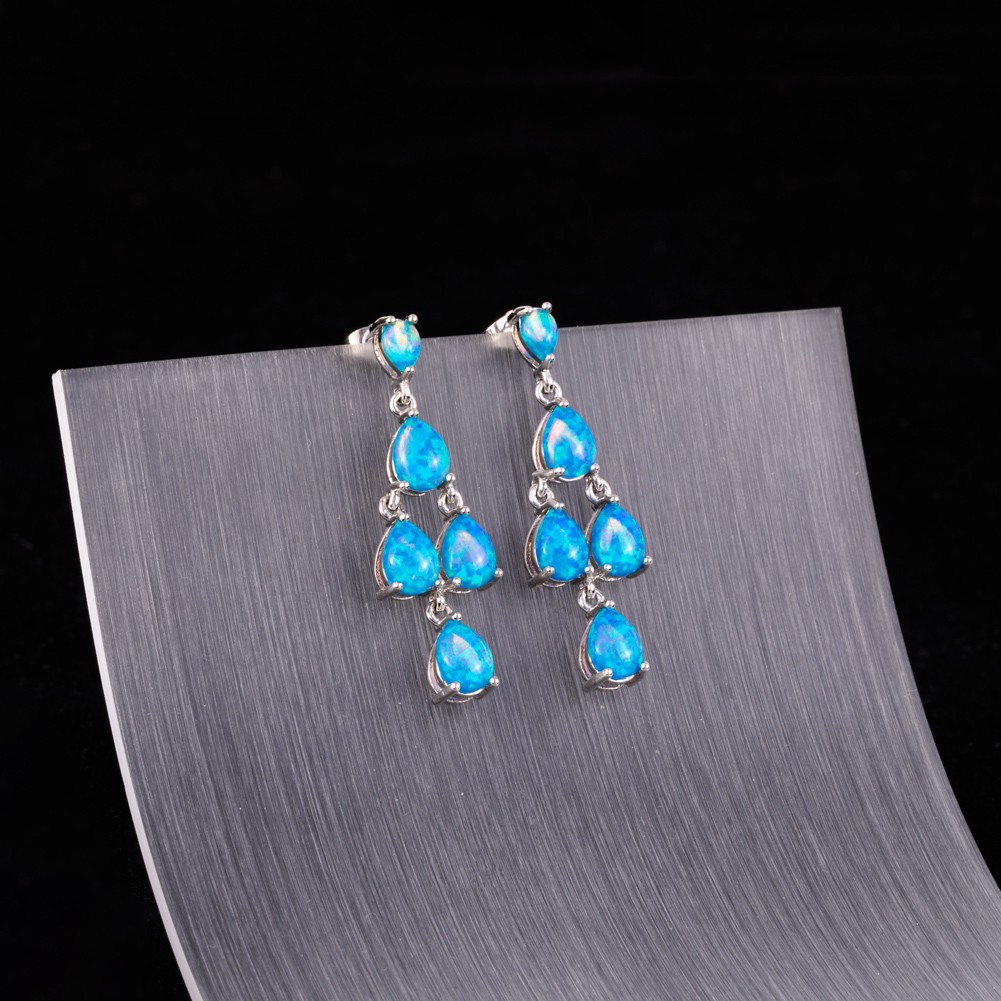 6×8 4×6 Pear Ocean Blue Fire Opal Cabochon Silver Jewelry Drop Pierced Earrings