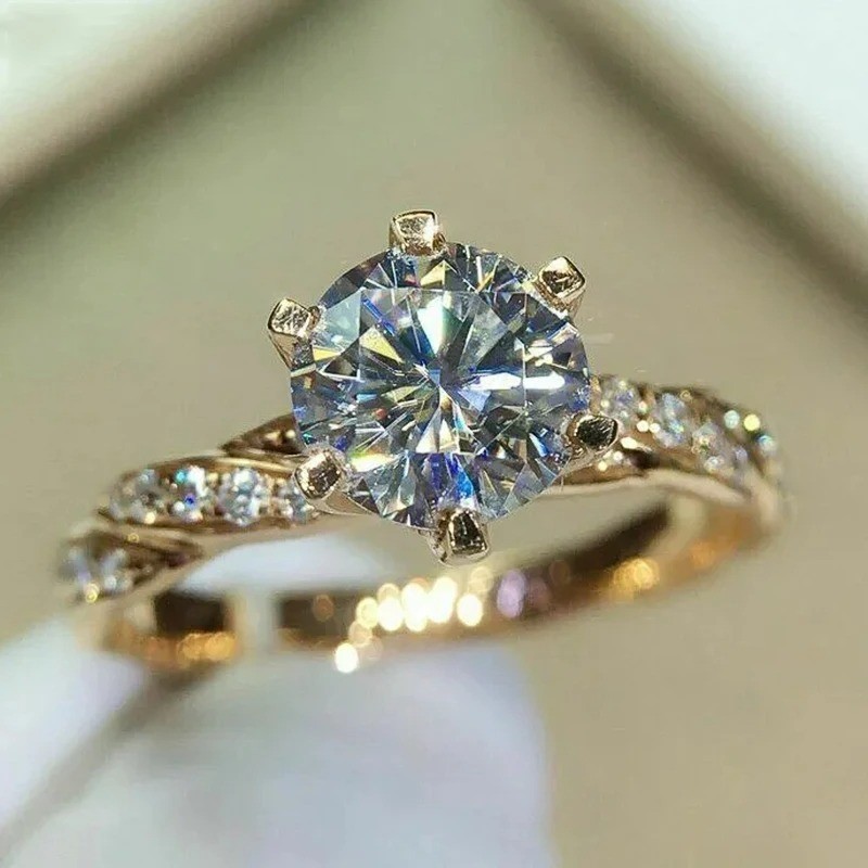 HUITAN 6 Claw CZ Ring Gold Engagement Wedding Band Women Luxury Jewelry Q179