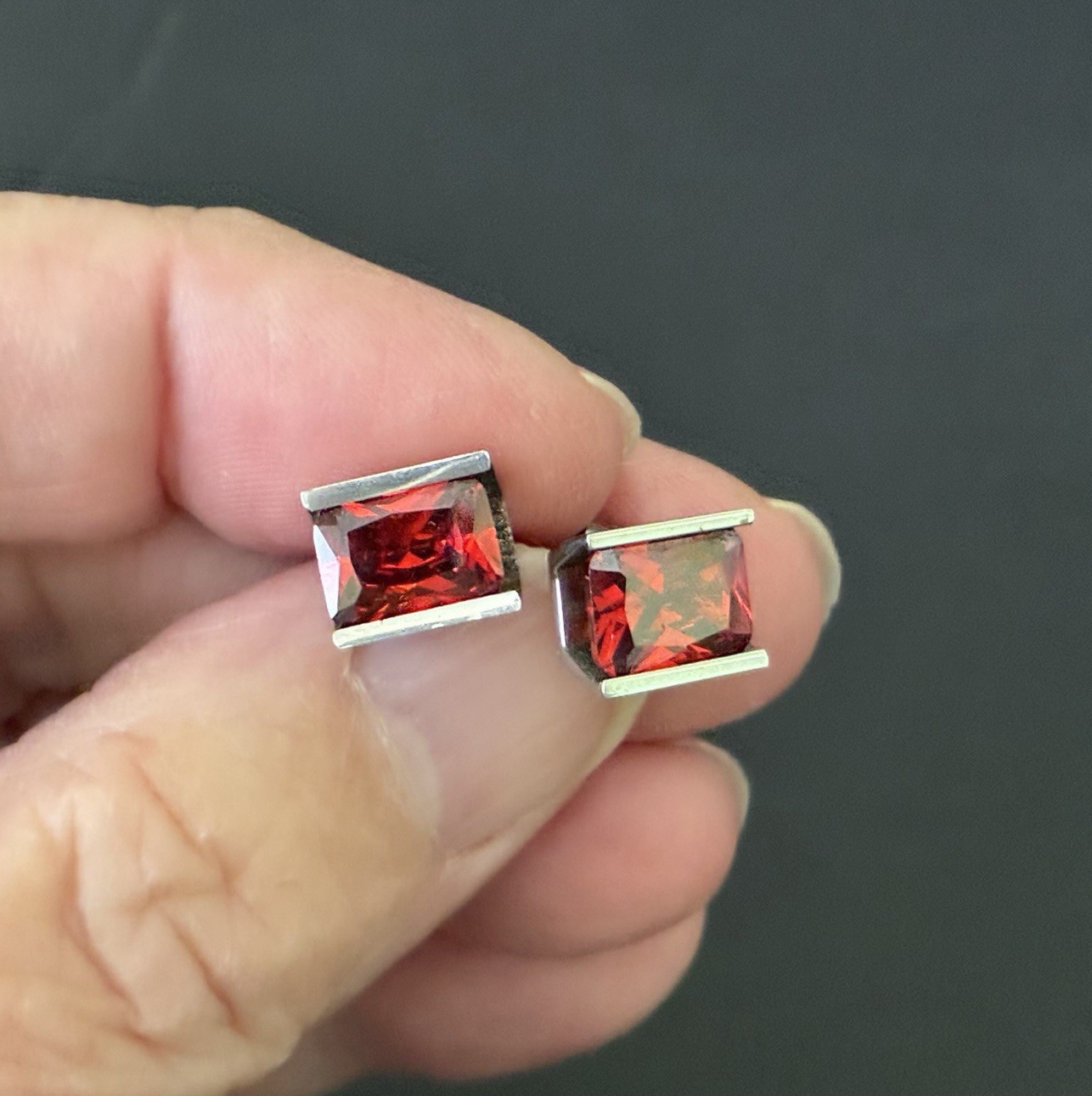 Chisel Stainless Steel Polished Stud Post Earrings w/ Orange Stones ~ Signed