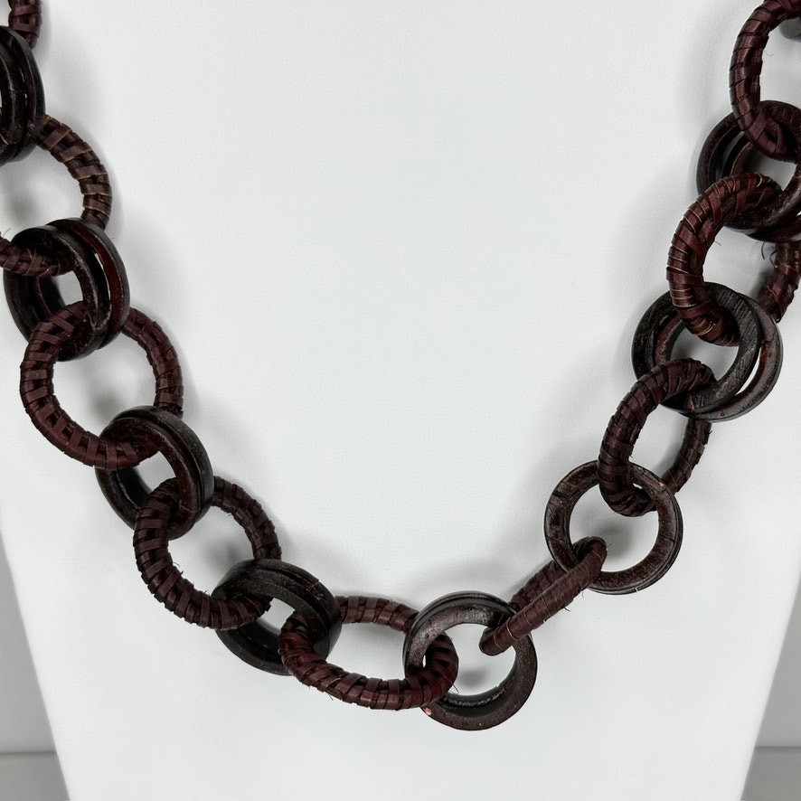 Dark Brown Wood Ring Link Cord Wrapped Chain Necklace Boho Artisan 30″ Slip On