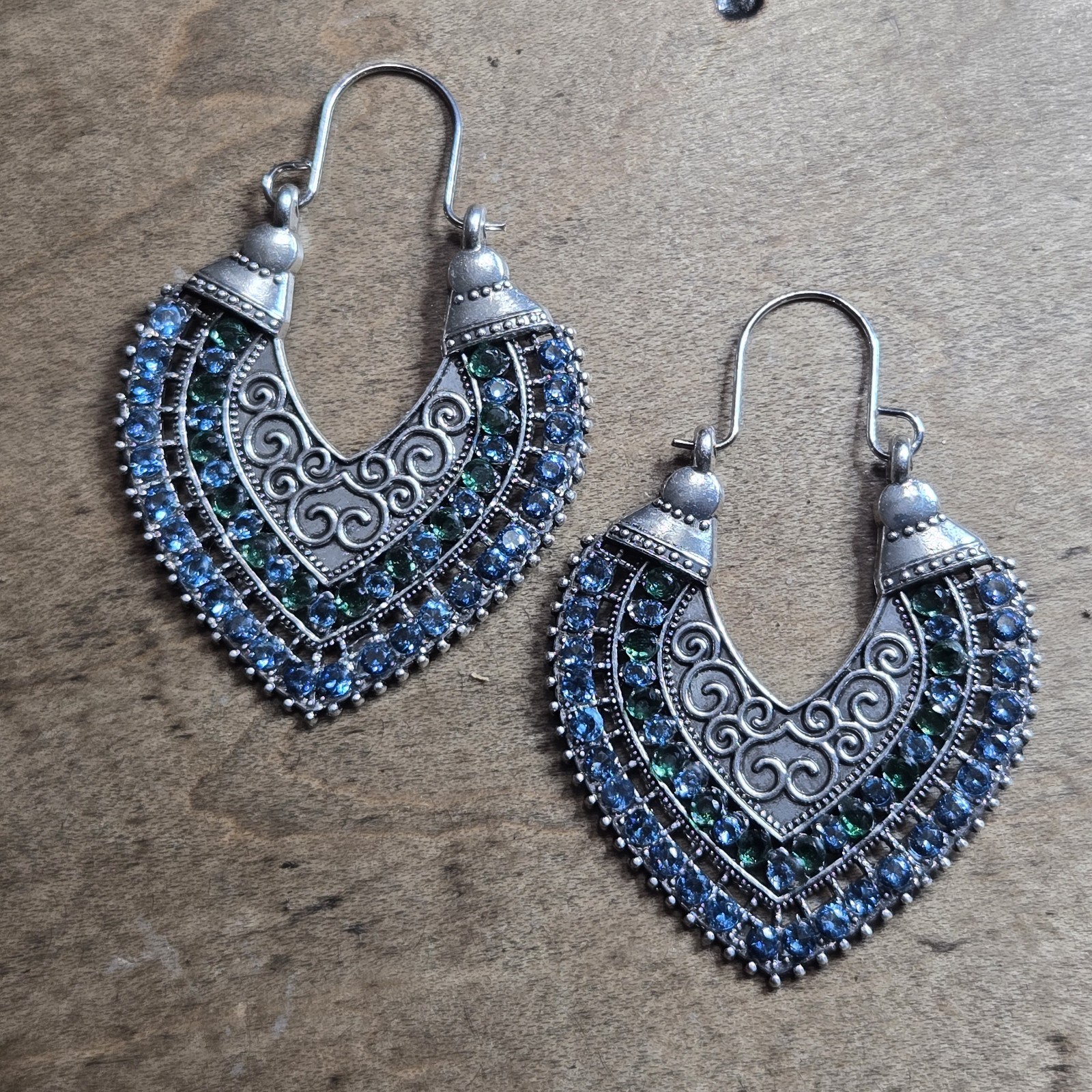 Silver Tone Crescent Scroll Dangle Hook Earrings Blue Green Round Cubic Zirconia