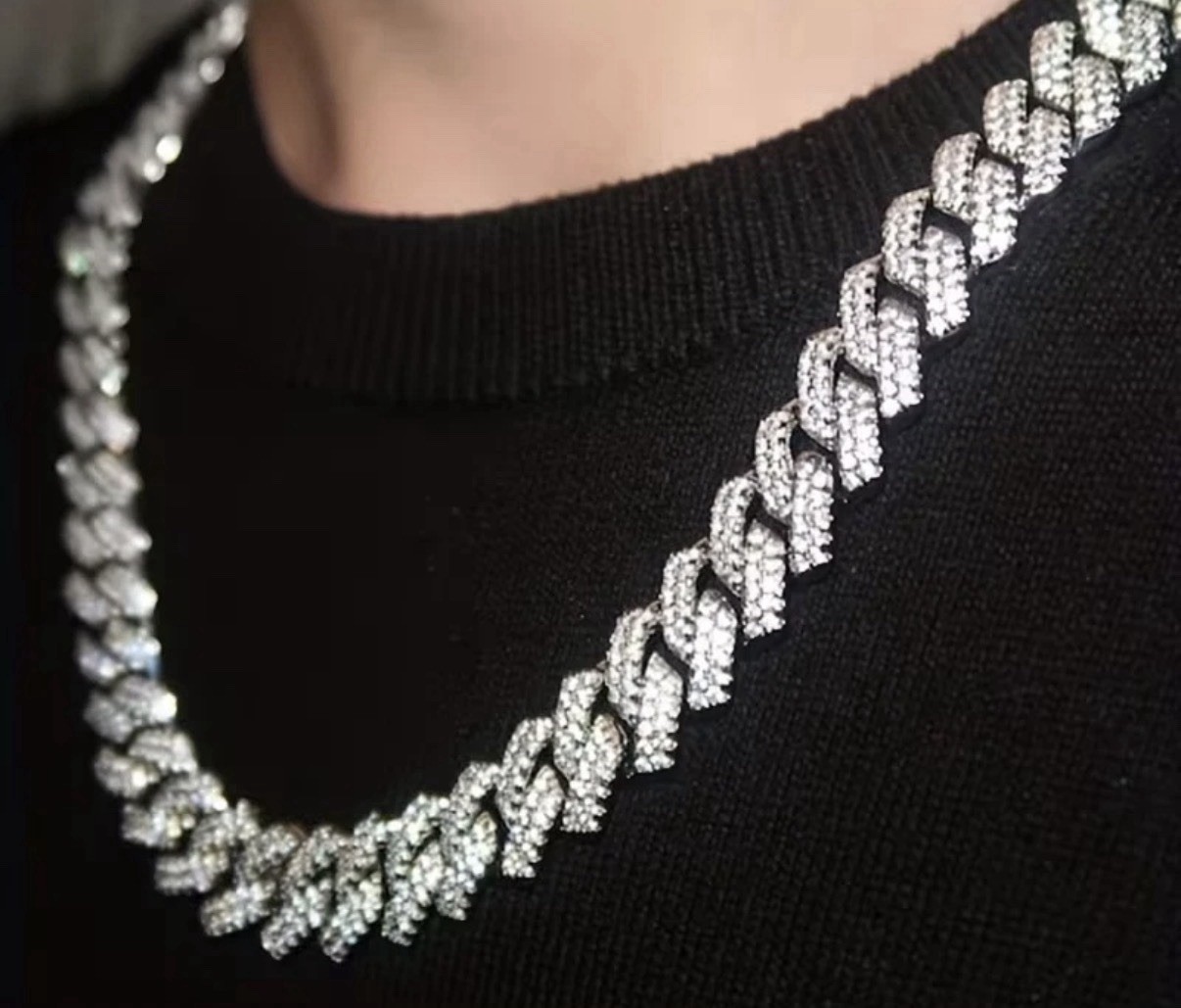 Silver Tone Cuban Ice Link Chain Necklace w/ Round CZ Pavé, Drawstring Pouch