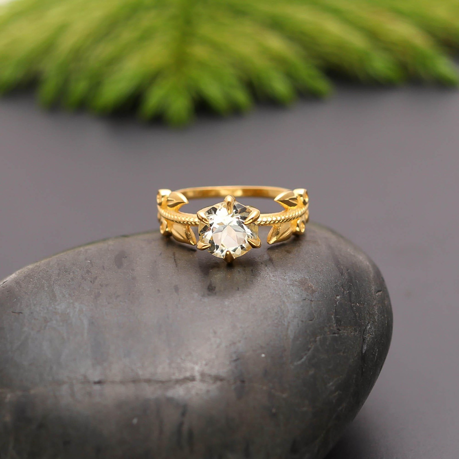 Natural Green Amethyst Round Leaf Ring 925 Sterling Silver Gold Plated Jewelry