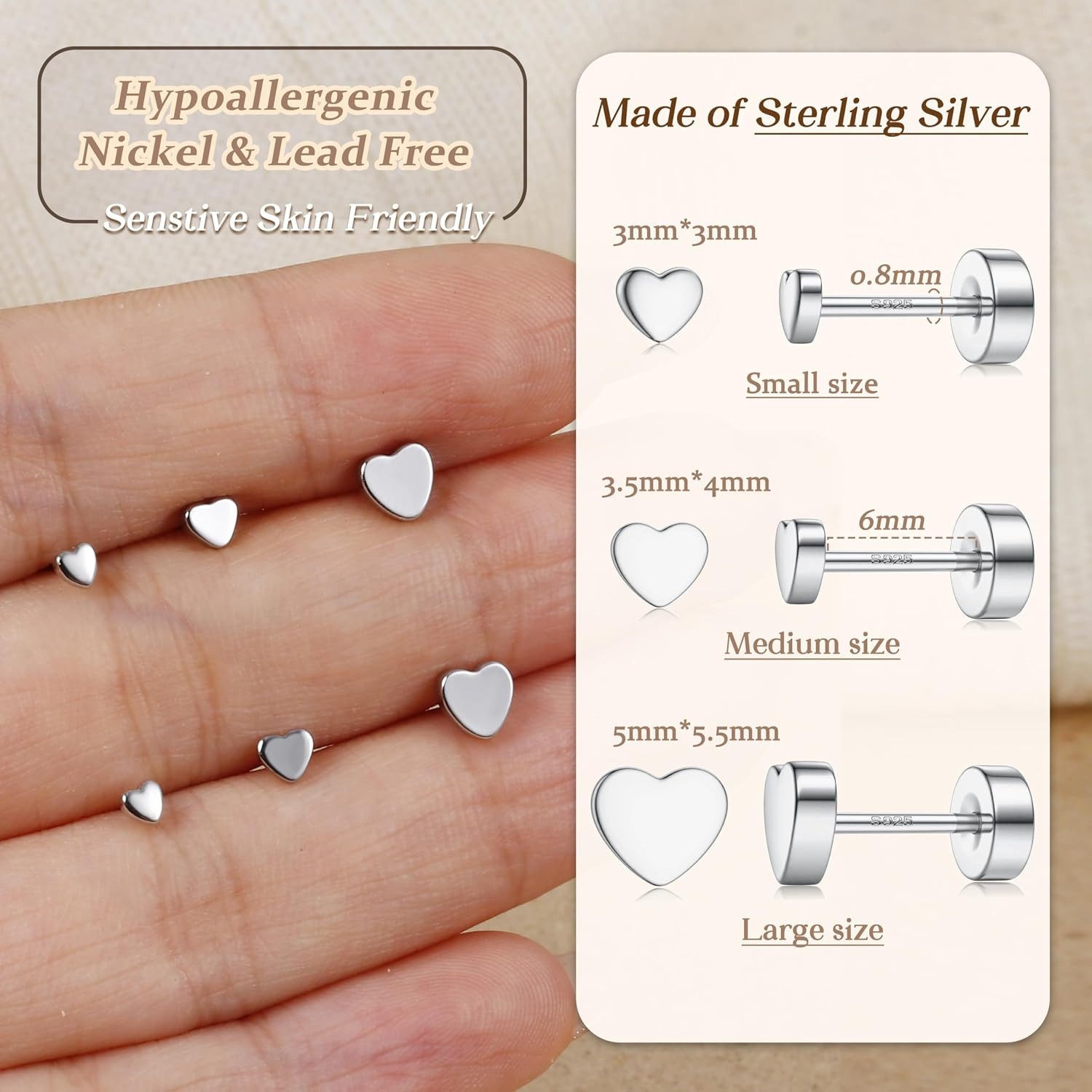 3 Pairs 925 Sterling Silver Flat Back Stud Earrings for Women Tragus Conch Helix