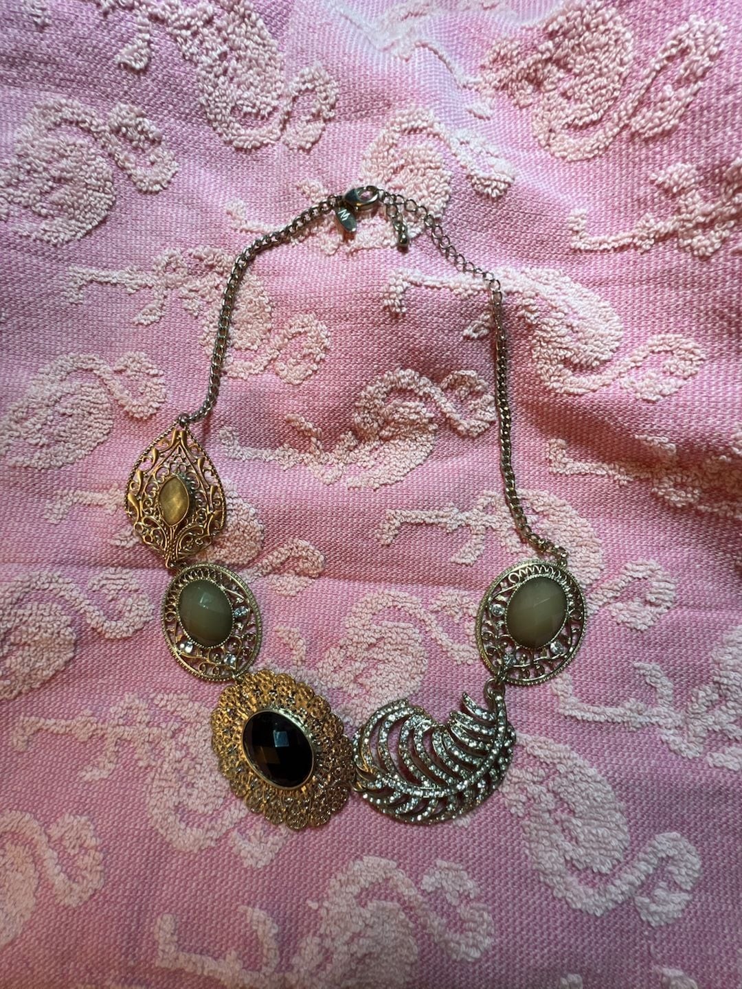 NY & Co. Statement Necklace with Filigree Filigree Metal, Neutral Cabochons, and