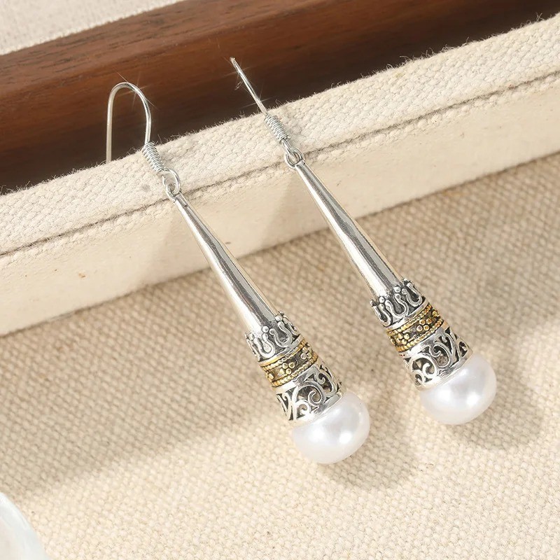 Women’s Vintage Silver Plated Imitation Pearl Long Drop Dangle Earrings